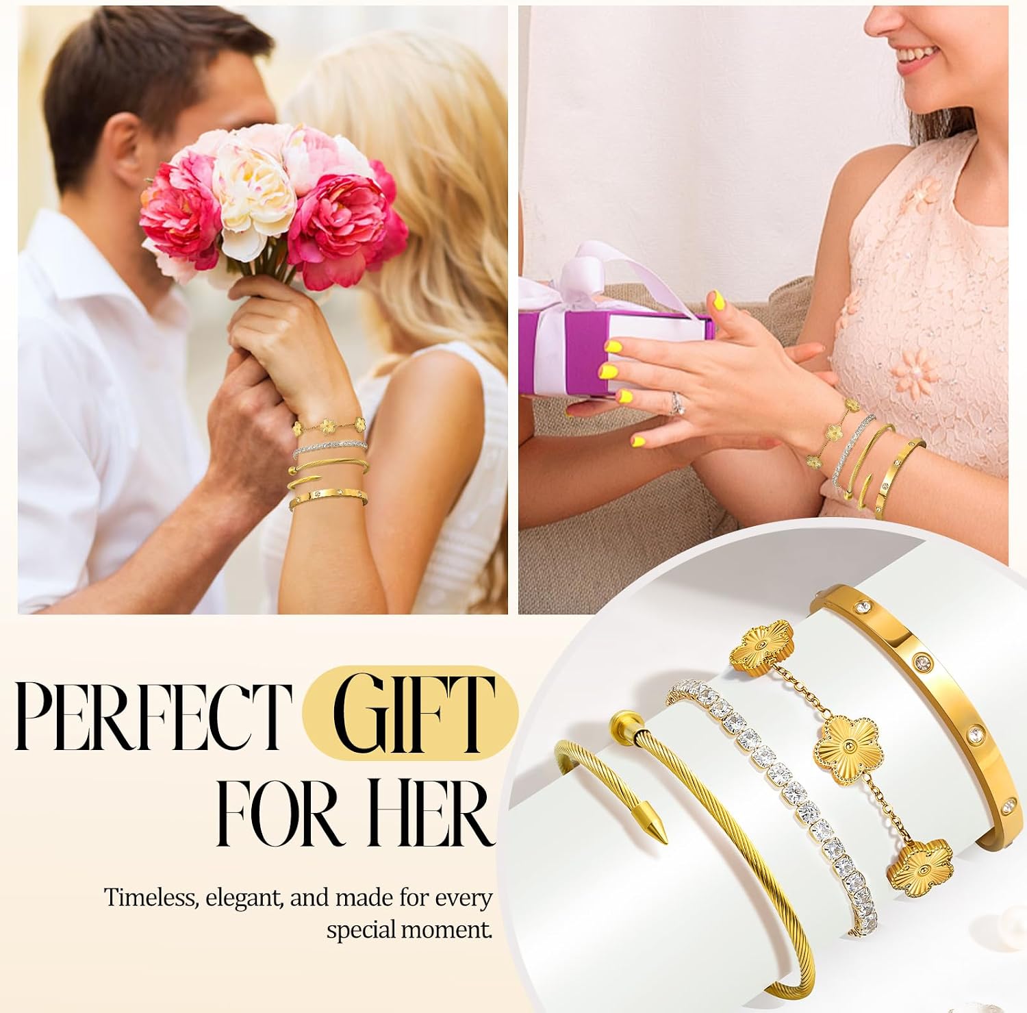 MOINSPIRE Gold Bracelets for Women, 18K Gold Plated Tennis Nail Clover love Bangle Bracelets Set Non Tarnish, Stainless Steel Trendy Stackable Bracelet Fashion Jewelry Accessories Gifts for Christmas