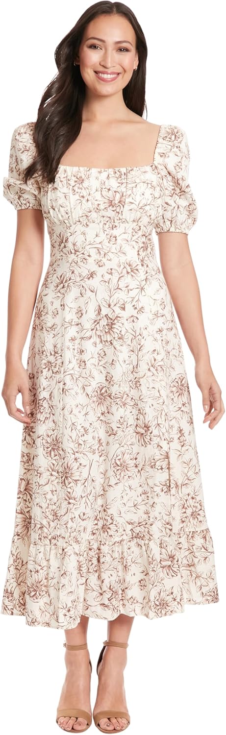 London Times Women's Square Neck Smocked Back Linen Blend Flattering Versatile Spring Summer Garden Party Dress