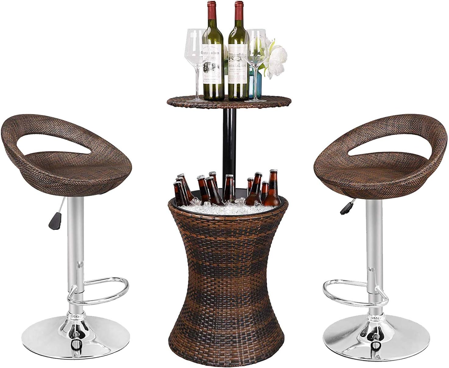 ZENSTYLE Rattan Style Height Adjustable Cool Bar Outdoor Patio Table with Ice Bucket + Swivel Barstool Brown Wicker 360° Swivel Patio Bar Stool for Indoor and Outdoor : Patio, Lawn & Garden