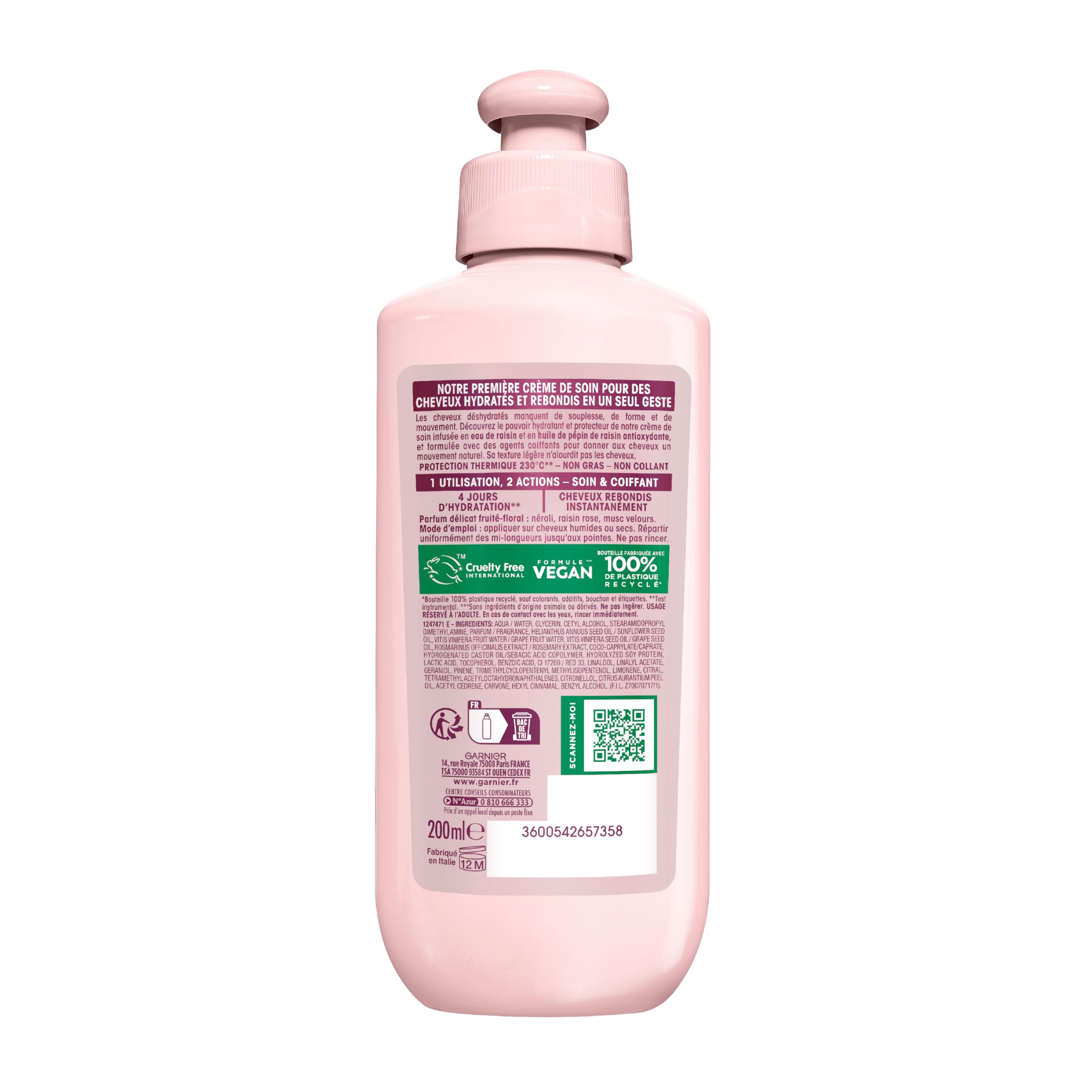 Garnier Ultra Doux Vignes Merveilleuses pour Cheveux Déshydratés - Crème de Soin 2-en-1 Hydratation Souplesse - À l'huile de pépin de raisin - 200 ml - Homme & Femme