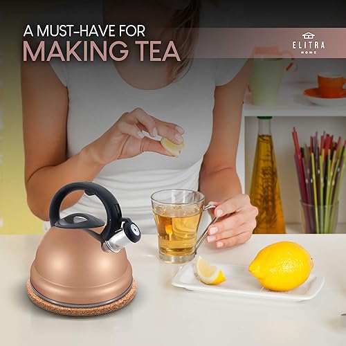 Miniatura 6 de ELITRA - Hervidor de té silbante  Tetera de acero inoxidable para estufa con mango Stay Cool  3.1 cuartos de galón  3 litros  Oro rosa