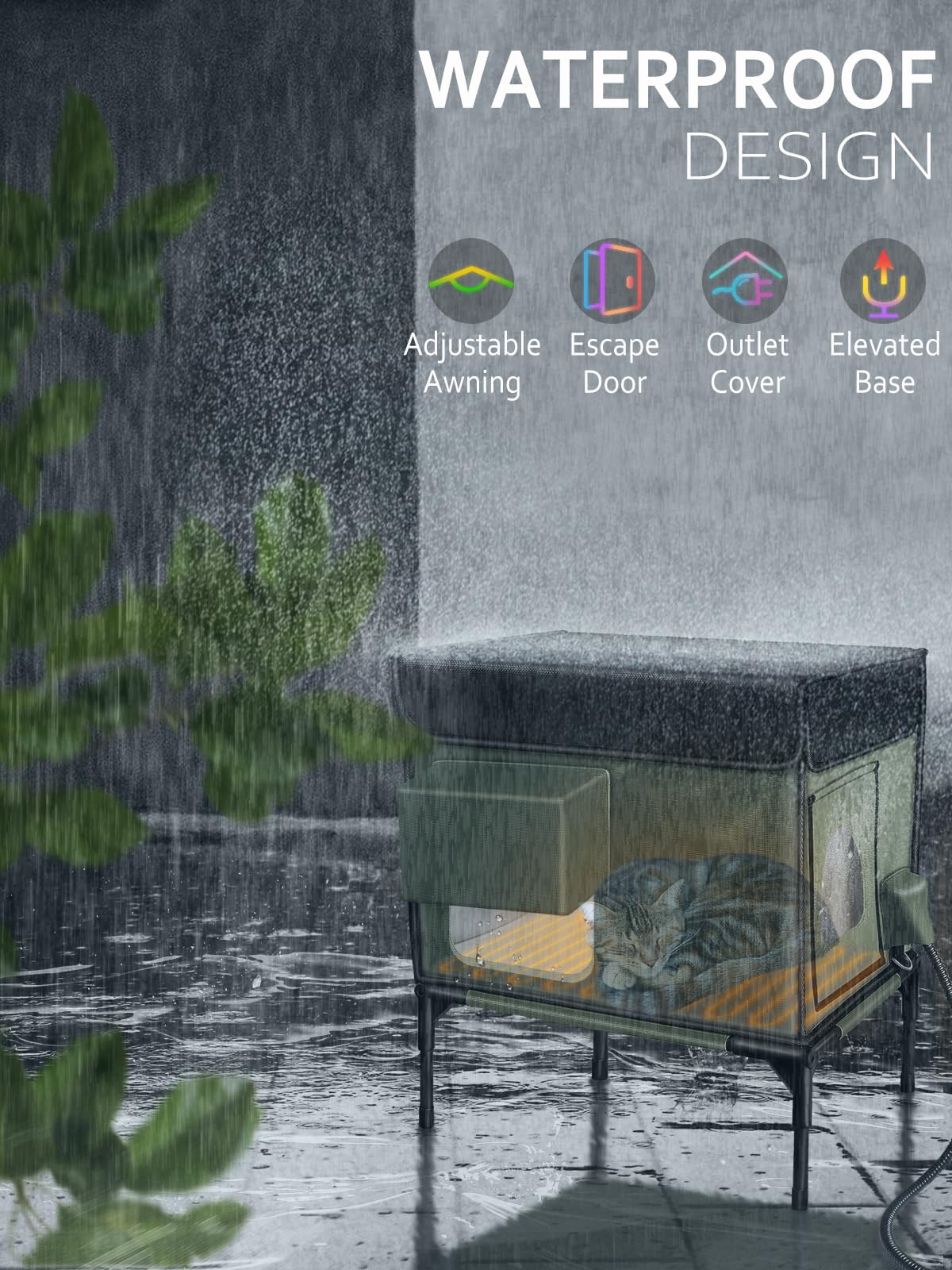 LUBLACET Heated Cat House, Insulated & Waterproof, Adjustable Awning, Escape Door, Indoor/Outdoor, Dark Green, 13