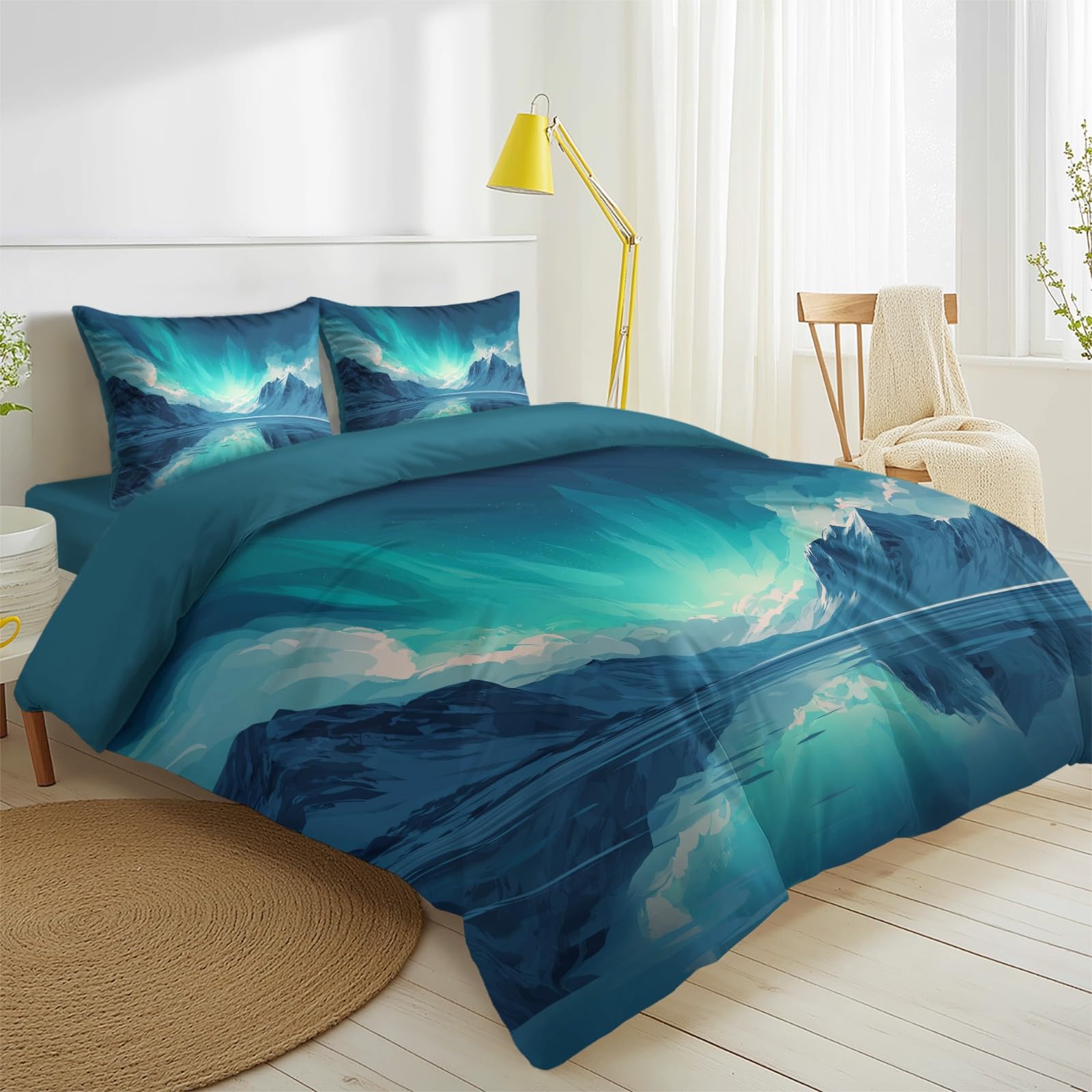 Poszwa na kołdrę Natura Krajobraz Zestaw pościeli 4 sztuki Śnieżna Góra Zorza Śnieżna, Mikrofibra Model Zestaw pościeli Aqua Blue z 2 poszewkami na poduszki i 1 prześcieradłem z gumką 240 x 220 cm