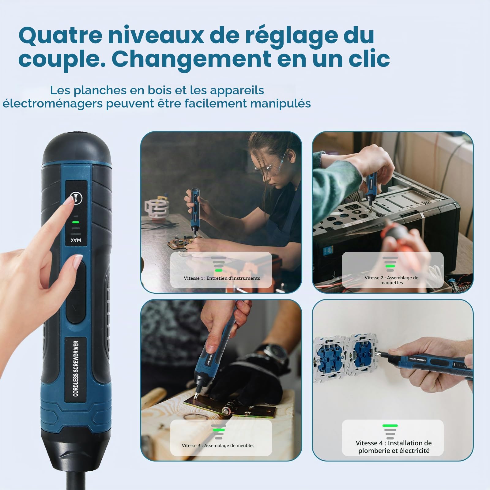 Tournevis électrique sans fil 105 en 1, mini tournevis électrique rechargeable 3,6 V avec couple de 4 engrenages et lumière LED, couple maximum de 5 N.m, idéal pour un usage quotidien et industriel