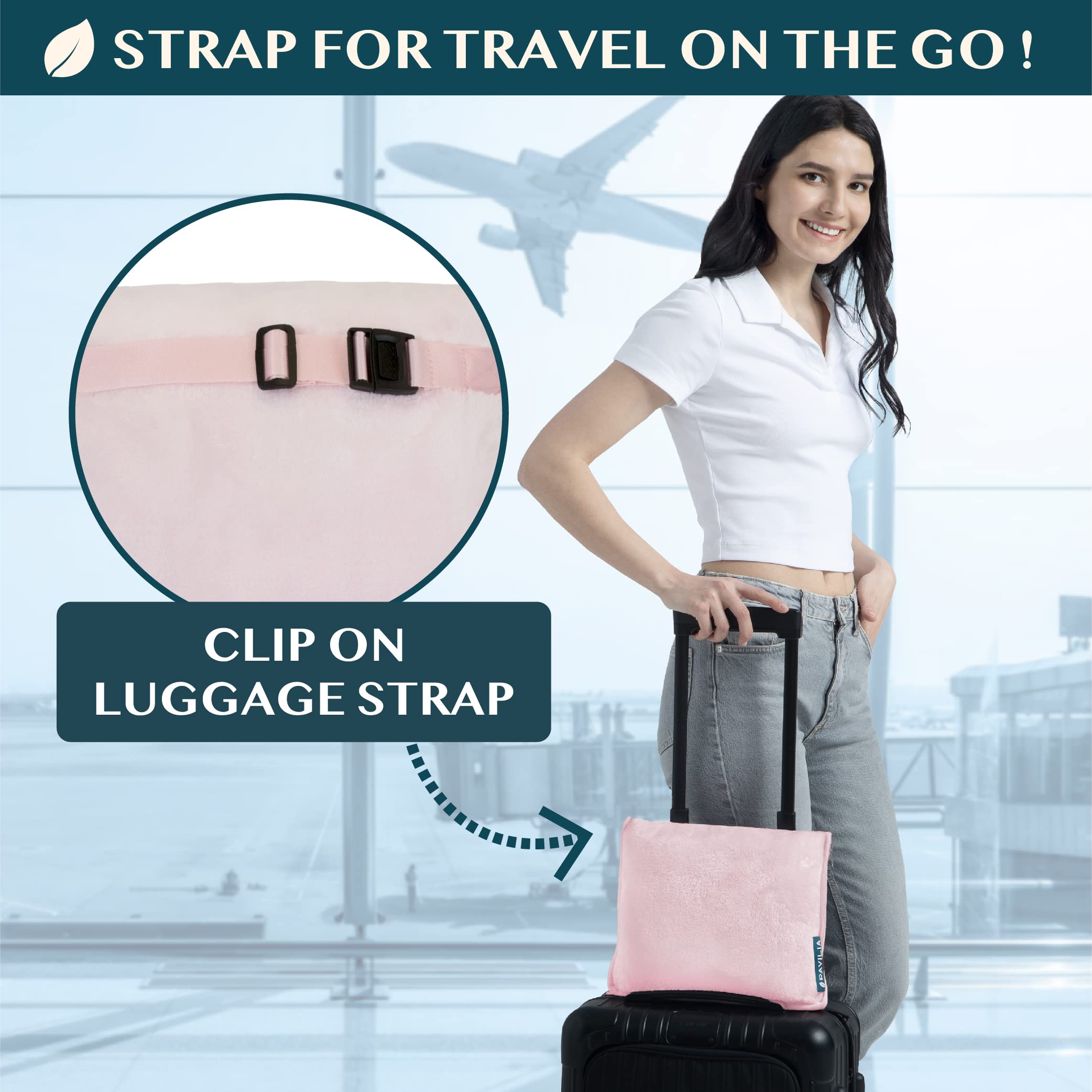 PAVILIA Reisedecke und -Kissen, Doppelreißverschlüsse, Clip on Strap | Warmes weiches Fleece 2-in-1 Combo Decke Flugzeug, Camping, Gepäckrucksack-Gurt, 60 x 43 (Blush Pink)