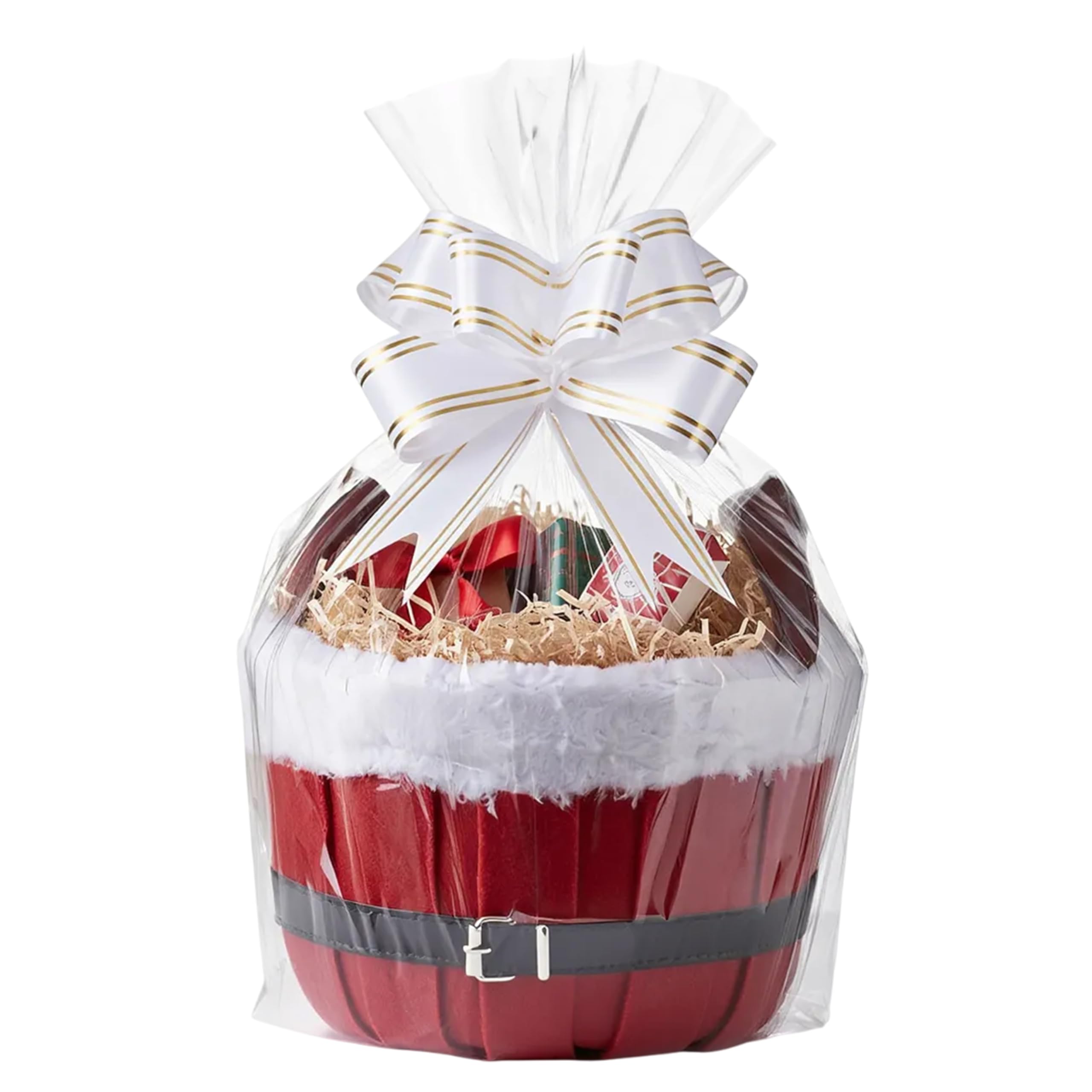 H-Line Christmas Hamper Basket Round Wicker Gift Hampers Baskets Santa Style Split Willow Basket with Faux Fur Edging Make Your Own Hamper Kit with Cellophane Wood Shred Bow Set for Christmas (Small)
