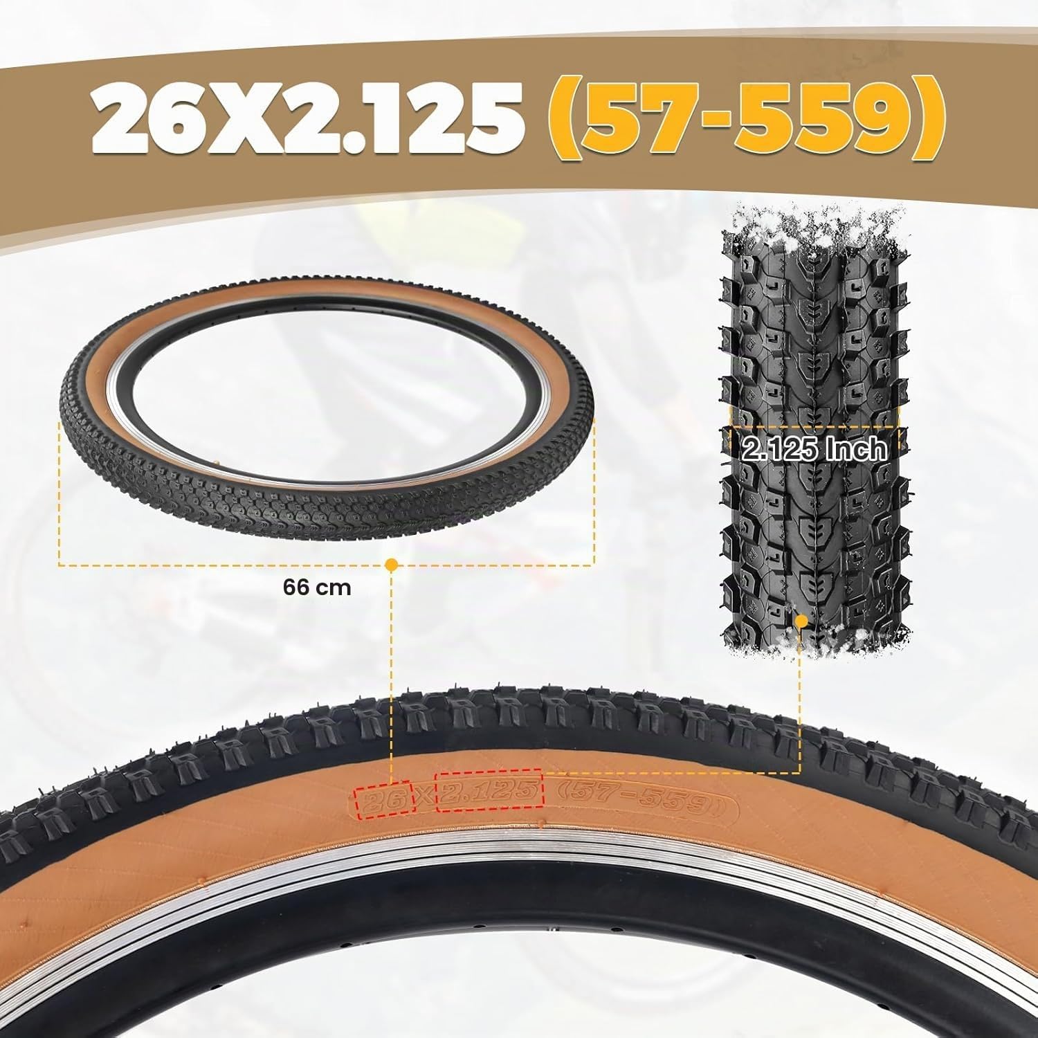 ZUKKA Lot de 2 pneus de vélo de montagne pliables 24/26/27,5/29 x 2,125 pour VTT, enfants, marron