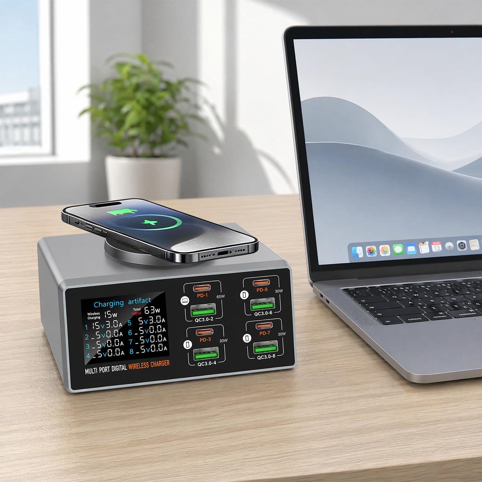 Chargeur Intelligent Multifonctionnel 140 W avec indicateur d'absorption magnétique, Chargeur USB-C 8 Ports avec PD 3.0 et QC 3.0 (65 W), Chargeur sans Fil magnétique, écran LCD