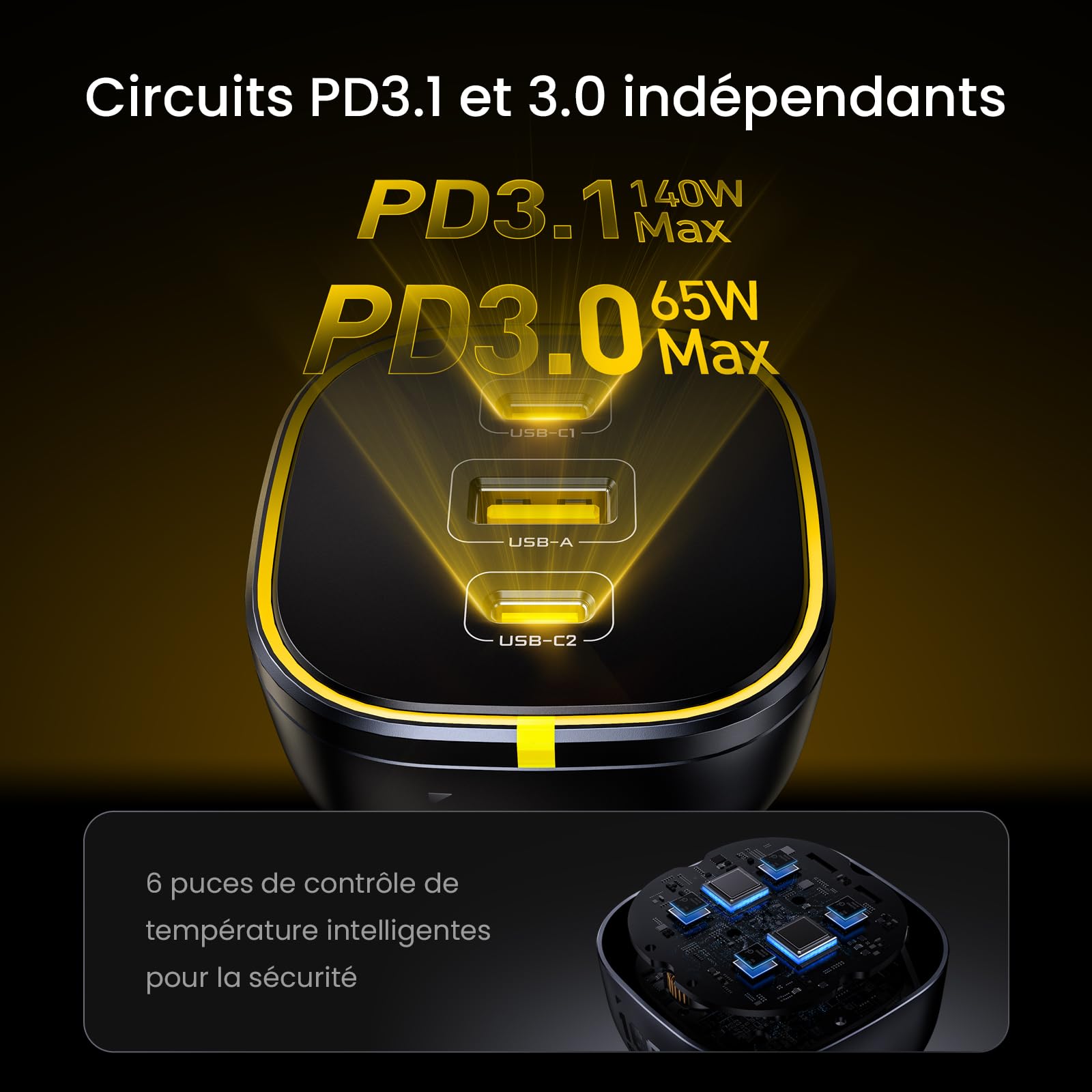 AOHI 165W Chargeur voiture pour ordinateur portable 140W PD3.1/100W PD3.0 Chargeur Allume Cigare USB C Charge rapide PPS 45W 3 ports QC5.0 avec MacBook Pro, iPhone 17/16/15, Galaxy S25/S24 Ultra, iPad