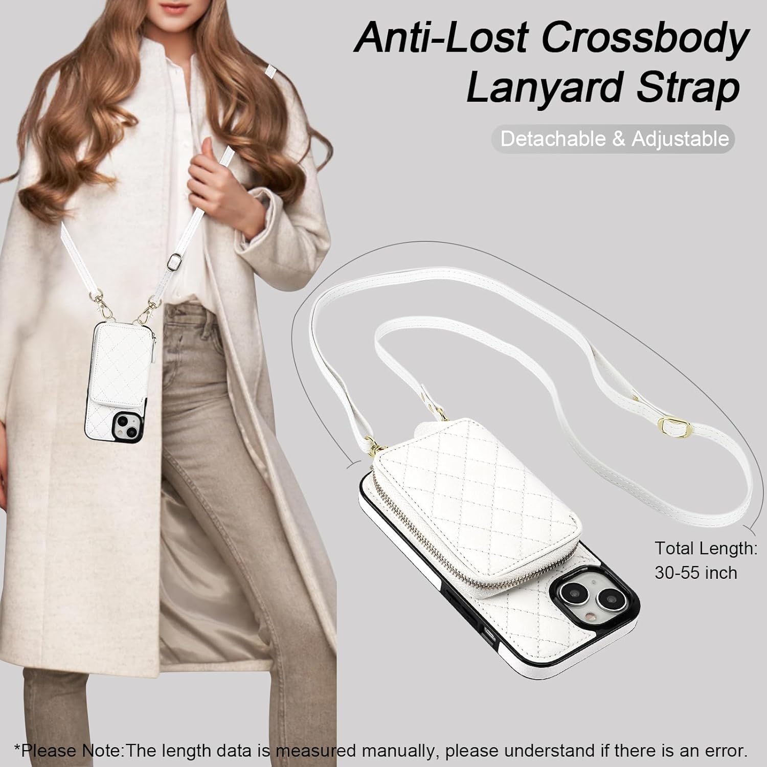 Bocasal Crossbody Wallet Case for iPhone 15, RFID Blocking PU Leather Zipper Handbag Purse Flip Cover, Kickstand Folio Case with Card Slots Holder Wrist Strap Lanyard 5G 6.1 Inch (White)