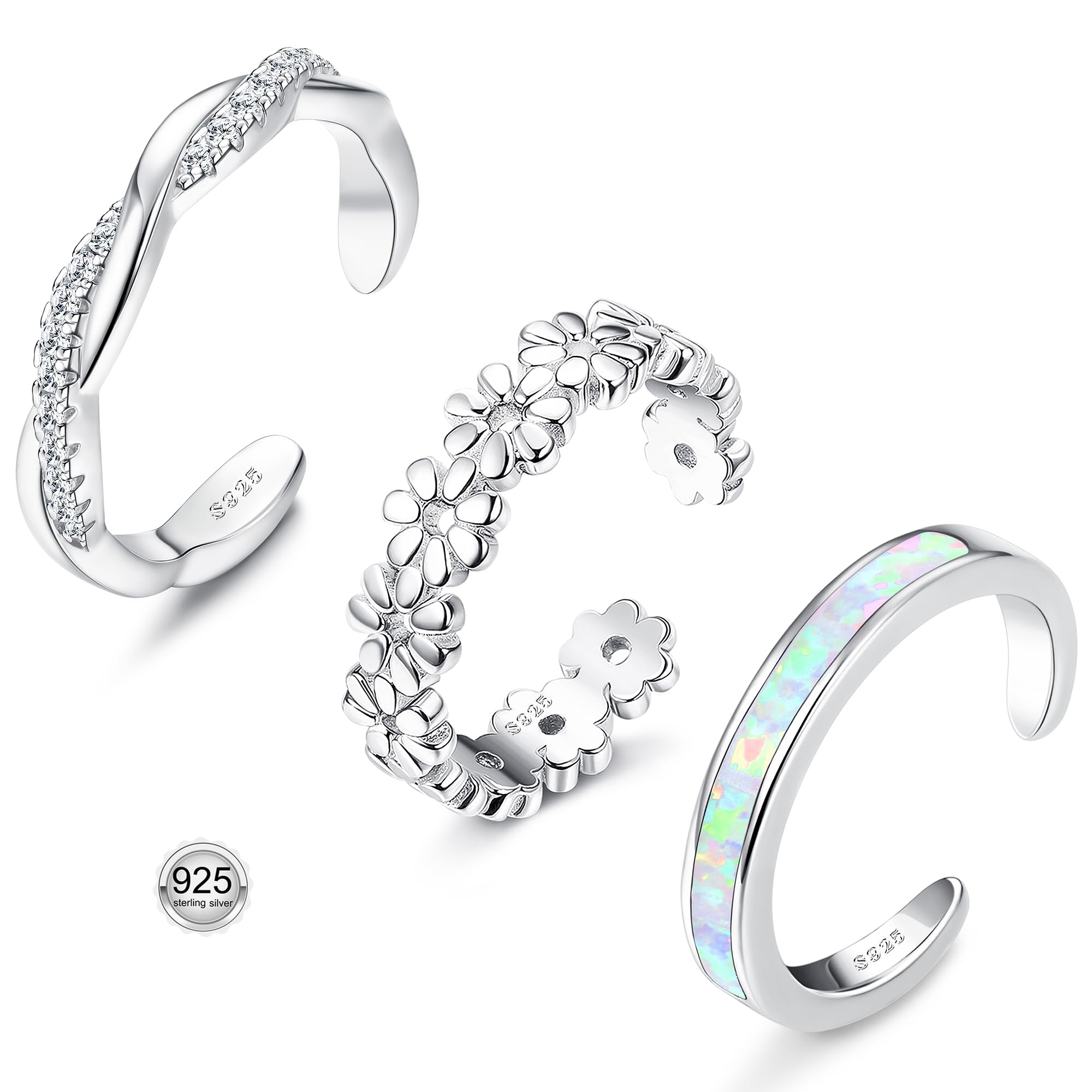 FIASASO 3Pcs 925 Sterling Silver Toe Rings Set