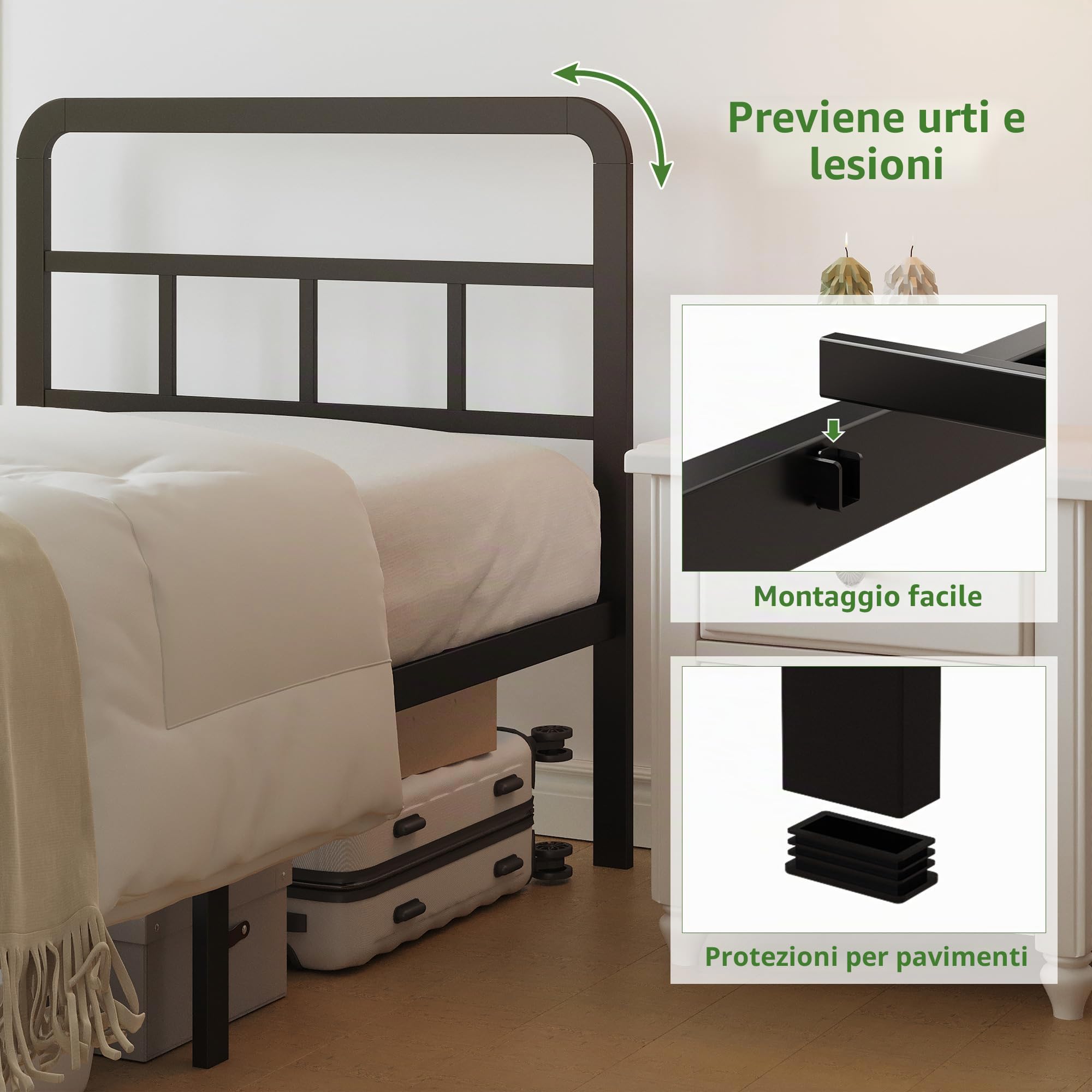 Lutown-Teen Struttura Letto Matrimoniale 120 x 190 cm con Testiera | Altezza 36 cm, Metallo Struttura, Moderno, Spazio di Organizzazione, Montaggio Facile, Silenzioso, Nero