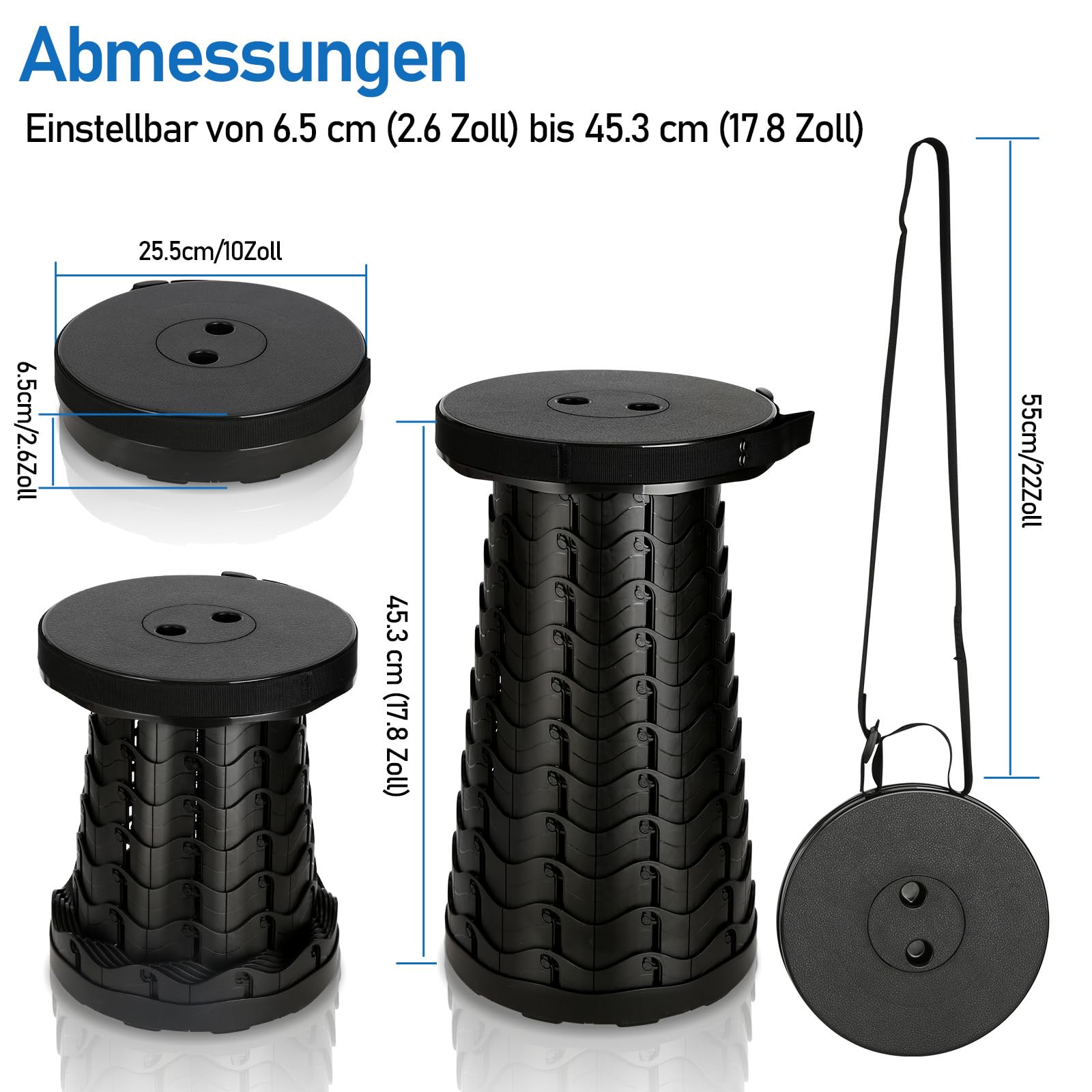 Eulenke 4X Tragbarer Klapphocker, Leichte Teleskophocker Tragfähigkeit 220 kg, 6-44 cm Höhenverstellbare Falthocker, Ausziehbarer Campinghocker, Faltbarer Hocker für Camping Garden Angeln Wandern