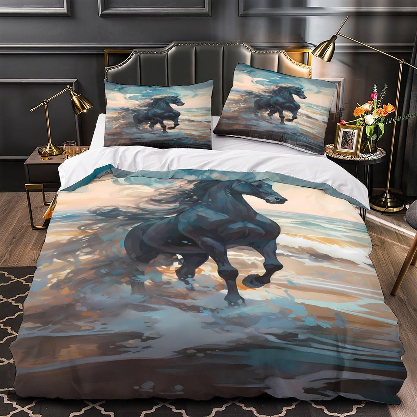 Housse de couette cheval hypoallergénique super douce pour lit simple enfant sans repassage