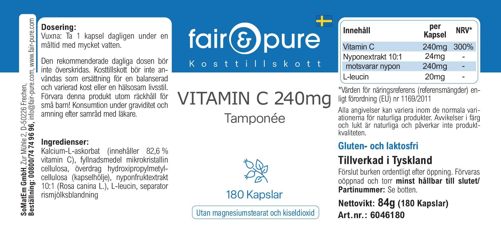 Fair & Pure® - Vitamina C tamponata - Buffered Vitamin C 240mg - Vegan - 180 Capsule (Confezione da 2)