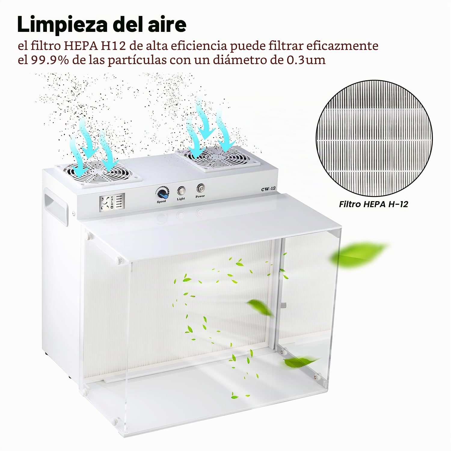 Campana extractora de flujo laminar HEPA H12 con filtro HEPA, 43 x 33 cm FFU caja de inoculación ventilador, sistema de filtro de aire de doble ventilador, campana de flujo laminar portátil para