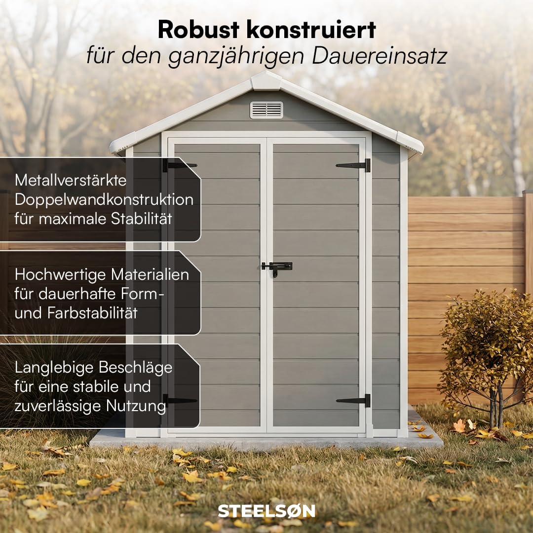 STEELSØN Novara Gerätehaus – Gartenschuppen mit Satteldach & Fenster – Gartenhaus 210x134x182 cm (HxTxB) – Geräteschuppen aus Kunststoff in Grau – Gartenhütte wetterfest & rostfrei – Schuppen