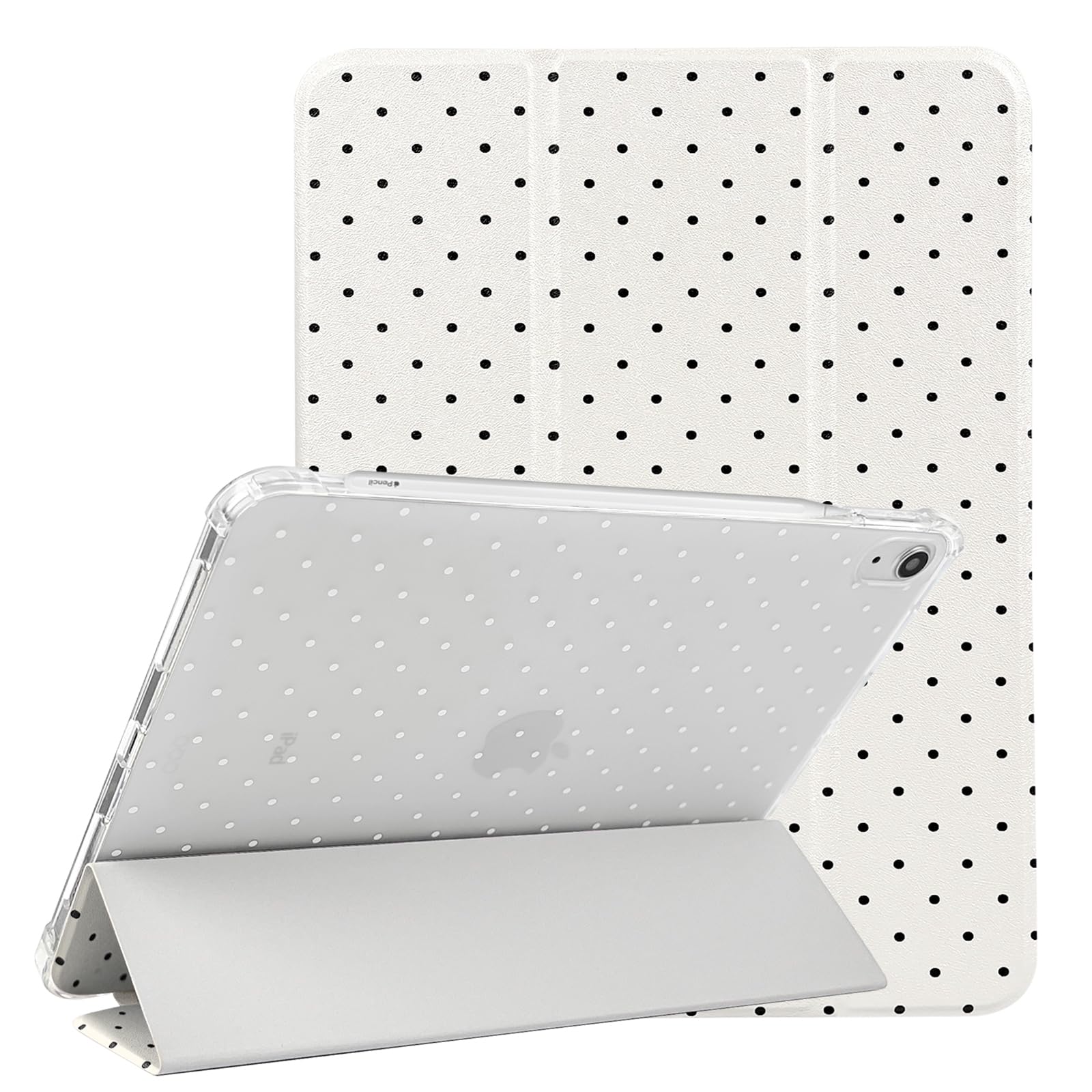 Lovmooful Compatible for iPad Air 6th 11-inch M2 (2024),iPad Air 5/4 (2022/2020 5th/4th Generation 10.9-Inch) Case with Pencil Holder Cute Polka Dot Design Soft TPU Trifold Stand Protective-White