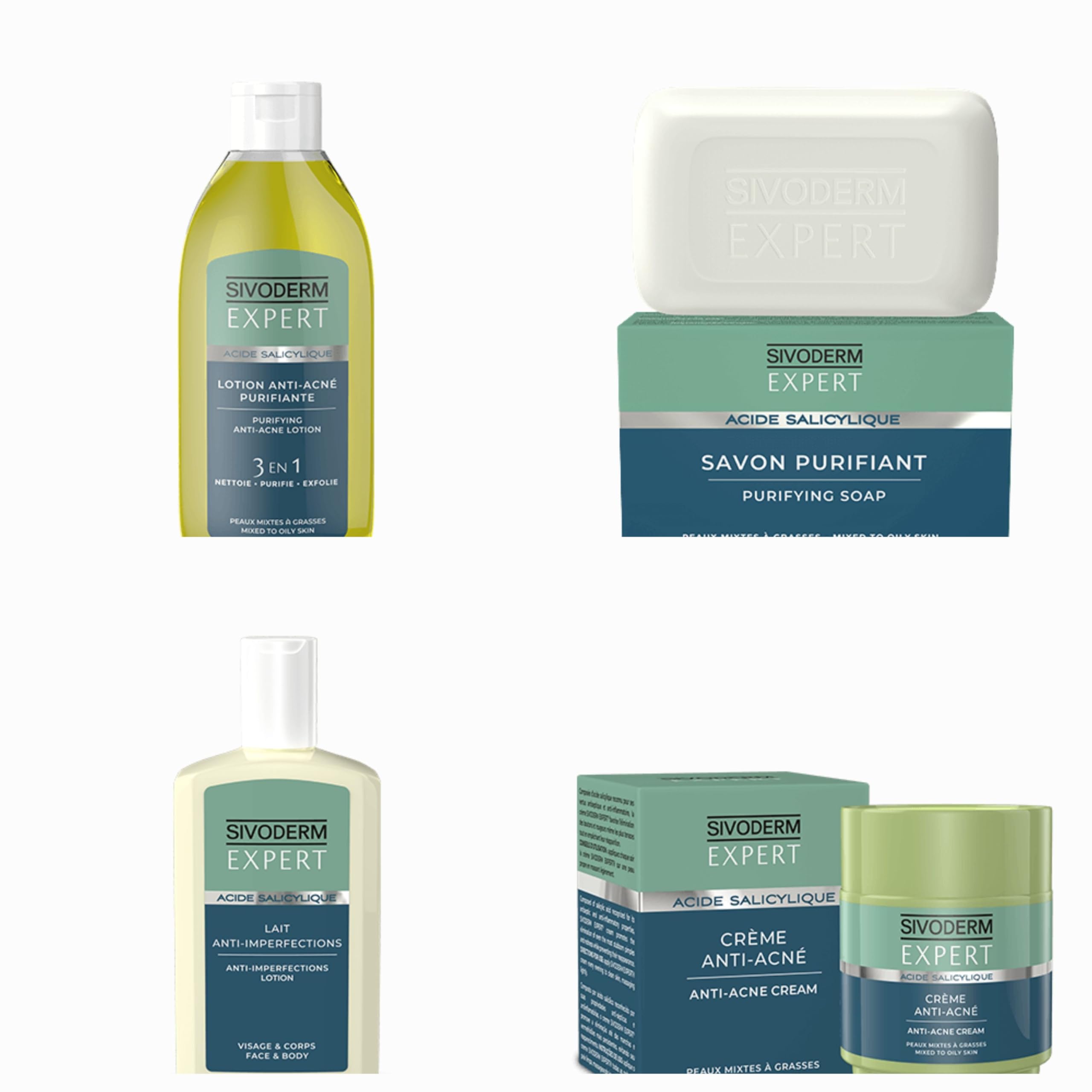 Produktreihe Sivoderm Expert für Gesicht mit Salicylsäure. Seife 100 g, Gesichts- und Körpermilch 65 ml, Anti-Akne-Creme 85 ml, reinigende Anti-Akne-Lotion, 160 ml