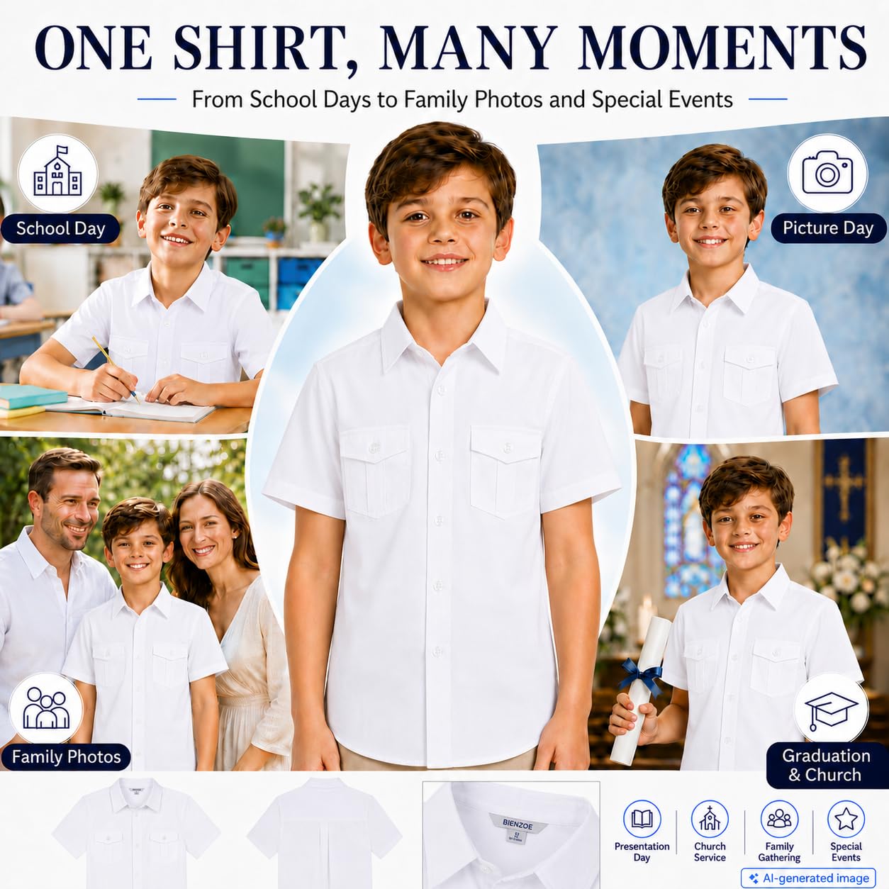 Bienzoe Garçons Manche Courte Chemise pour L'école: Enfants Bouton Haut Collier Robe Mode Chemises