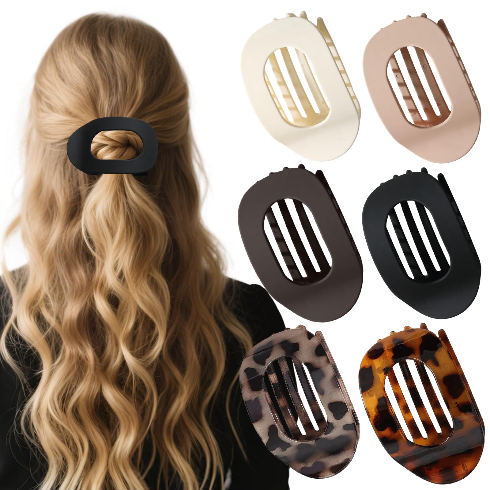6 PCS Flat Hair Clips for Women & Girls, Flat Claw Clips, Strong Hold No Slip Claw Clips for Thick/Thin Hair