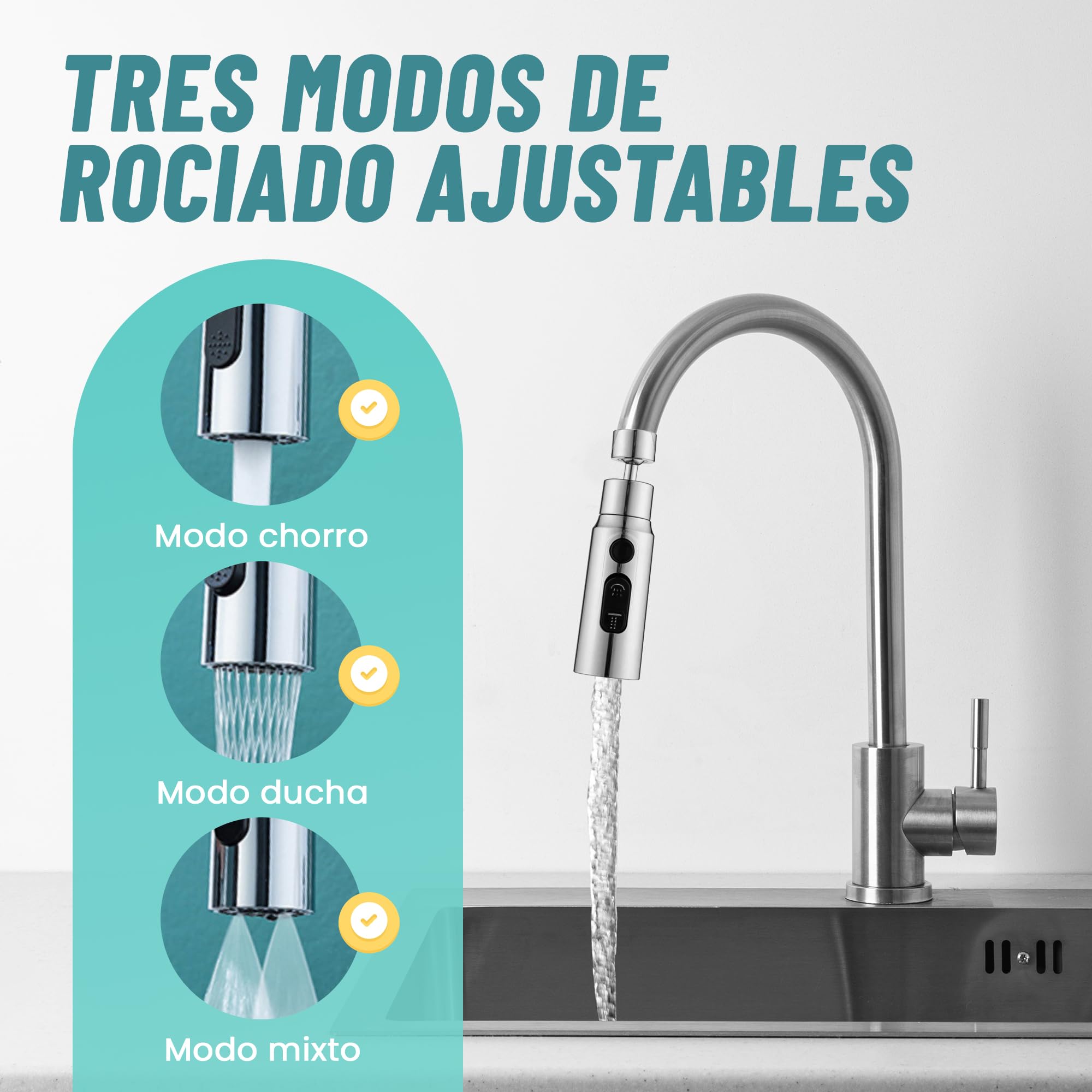 VIPA Adaptador Grifo Cocina - 3 Modos Ajustable - Aireador Grifo Cocina de 360º con Adaptador - Adaptador Universal para Grifos - Boquilla de Grifo Universal - Grifo Filtrado a Prueba de Salpicaduras