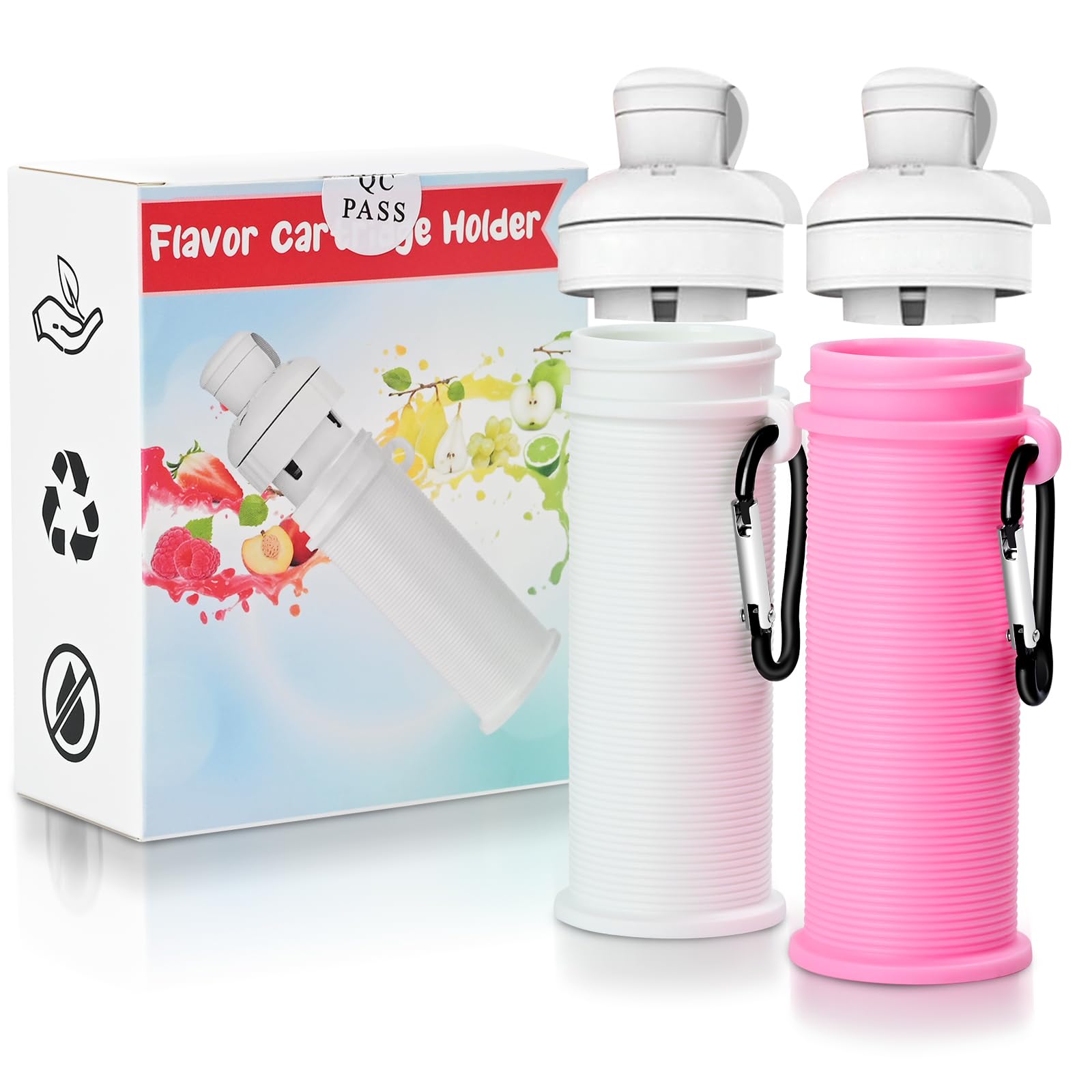 Flavor Cartridge Holder - 2 Pack Stylish flavors cartridges with Backpack Clip, Premium BPA Free Plastic, Compatible with Most Flavor Water Bottles, Pink & White, trumpet, combination