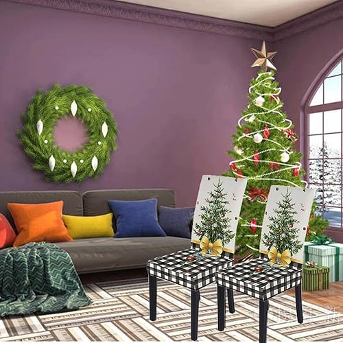 Miniatura 3 de Juego de 6 fundas para sillas de Navidad, diseño de búfalo a cuadros, color blanco y negro, elástico, desmontable, lavable, decoración para sillas