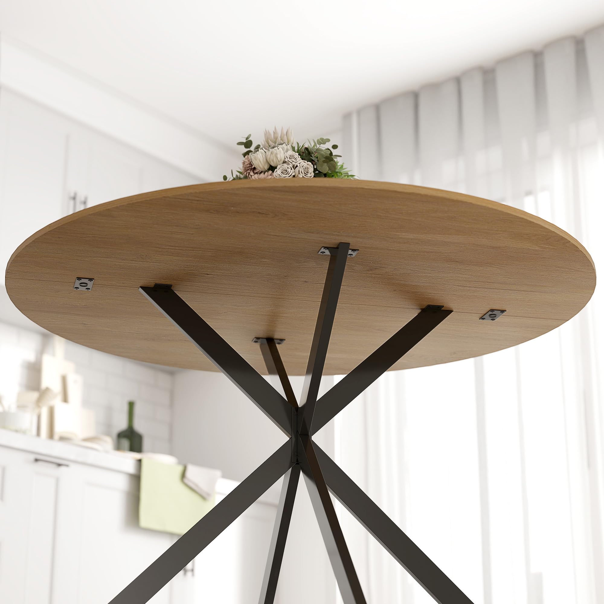 HOMCOM Table à Manger Ronde pour 4 Personnes Table de Cuisine 120 cm Style Industriel avec Plateau Aspect Bois et piètement croisé en Acier, chêne
