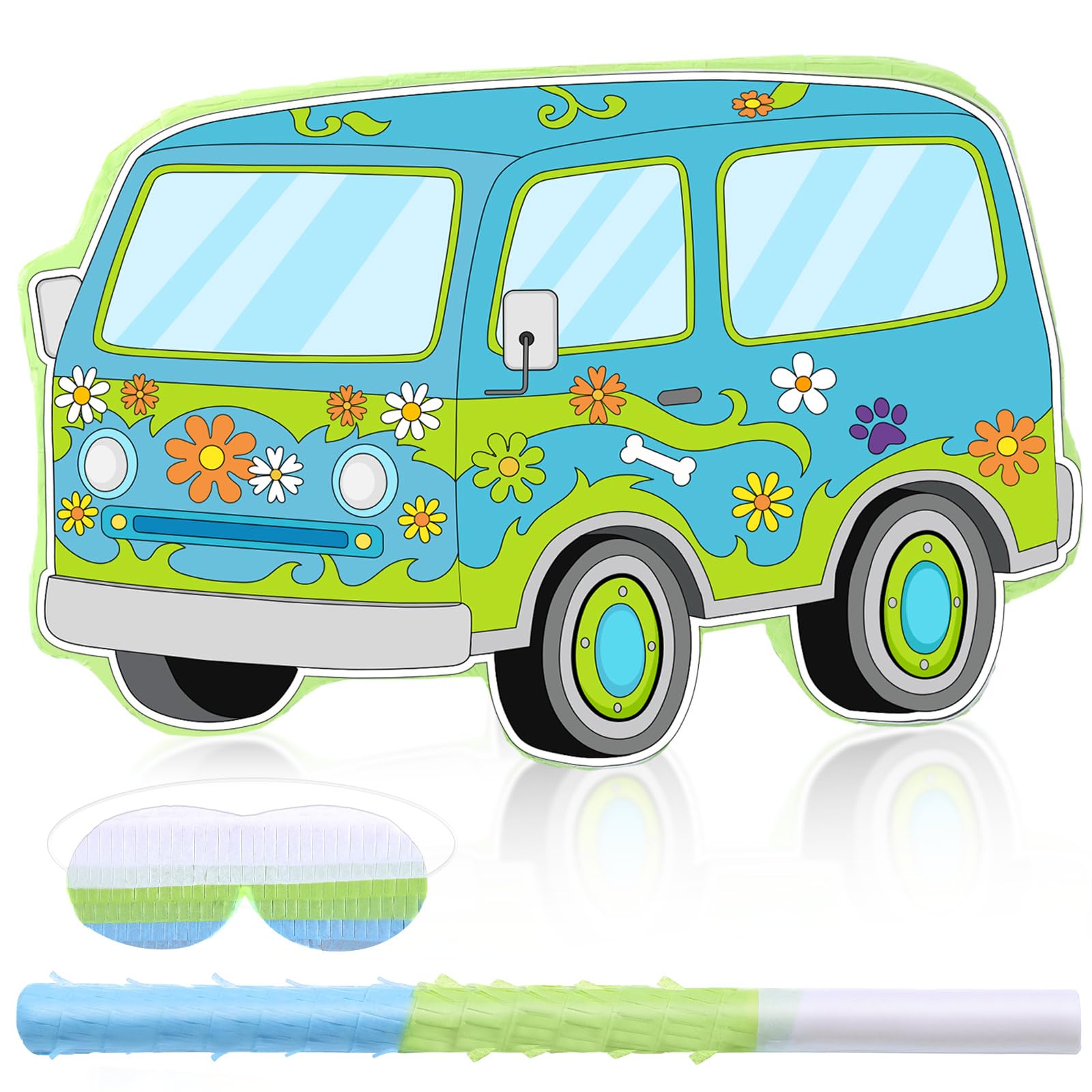 Threan Decoración de fiesta temática de perro, piñata de coche de dibujos animados, hippie, Groovy Daisy Piñata, juego con palo con los ojos vendados, para niños y niños, decoración de fiesta de