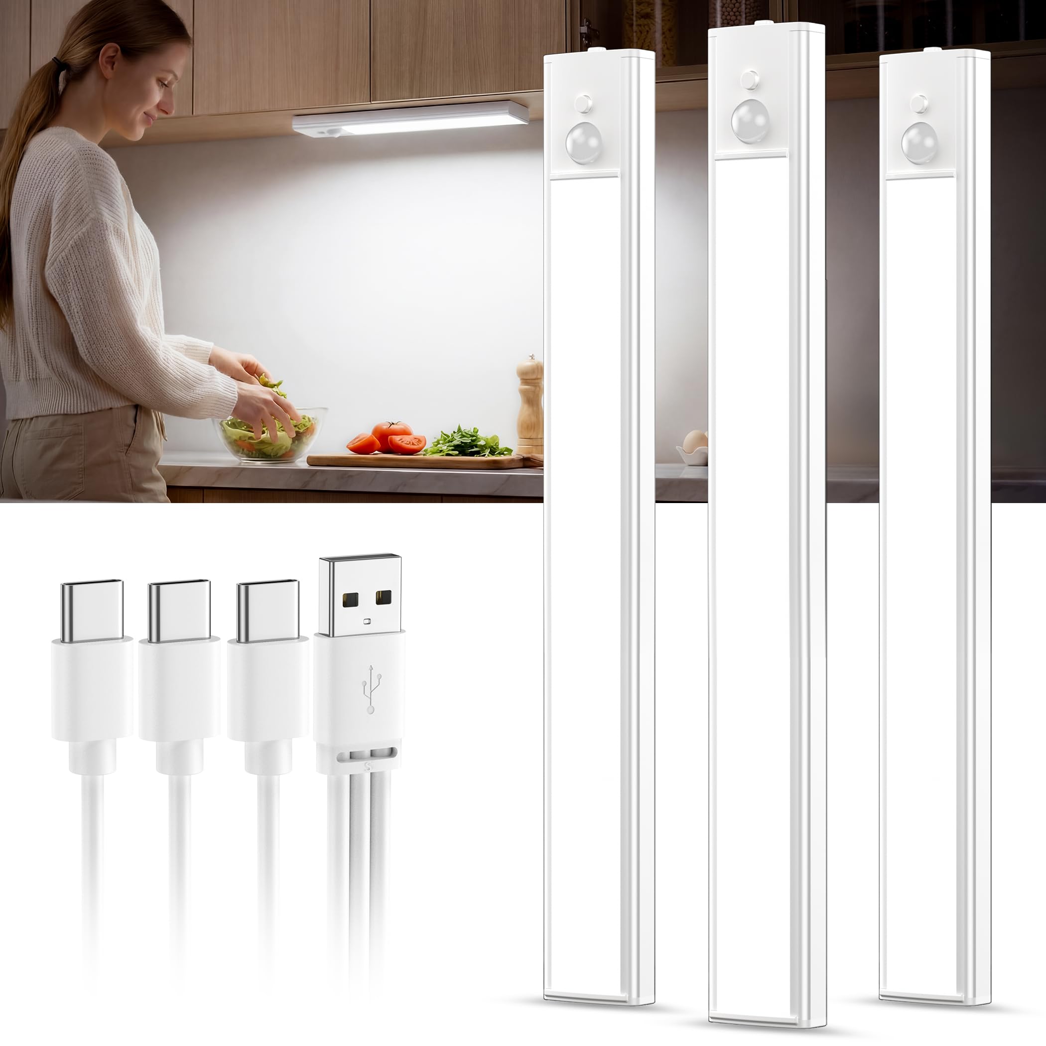 daphomeu 3 x 30 cm Unterbauleuchte Küche LED mit Bewegungsmelder, Wiederaufladbare Innen Nachtlicht, 1500 mAh Akku, Dimmbar, Magnetisch Montage – für Küche, Treppen & Schrankbeleuchtung, Kaltlicht
