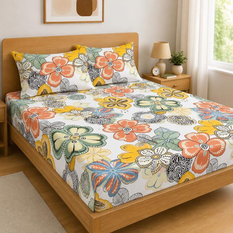 Premium Cotton Fitted Bedsheet King Size 78 x 72 x 8 Inches with 2 Pillow Covers | 220 TC | All-Around Elastic Deep Pocket Bed Cover | Multicolor Retr