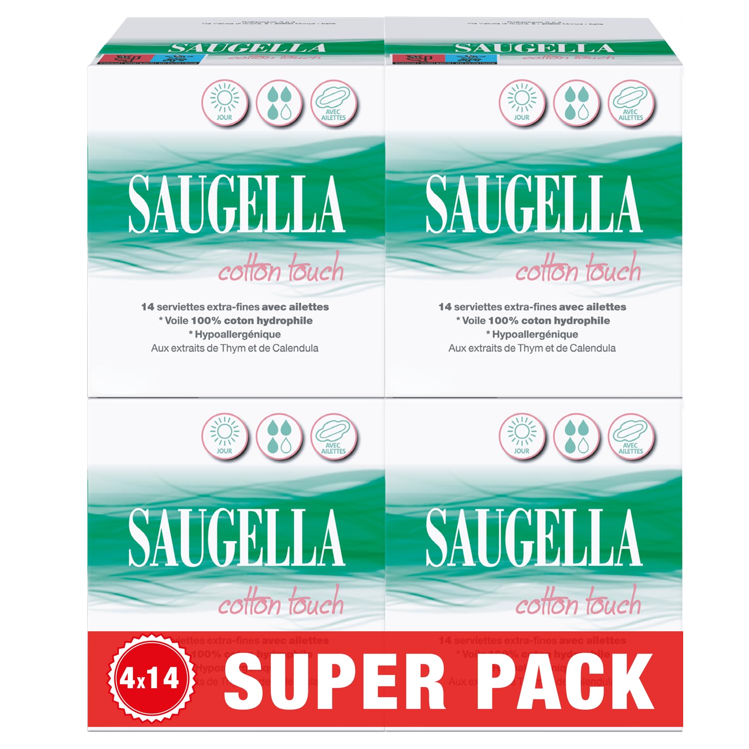 Saugella - Cotton Touch Day - Asciugamani Igienici - Molto assorbenti - Extra sottili - Ipoallergenici con ali - Antiodore - 56 tovaglioli - Set di 4 x 14
