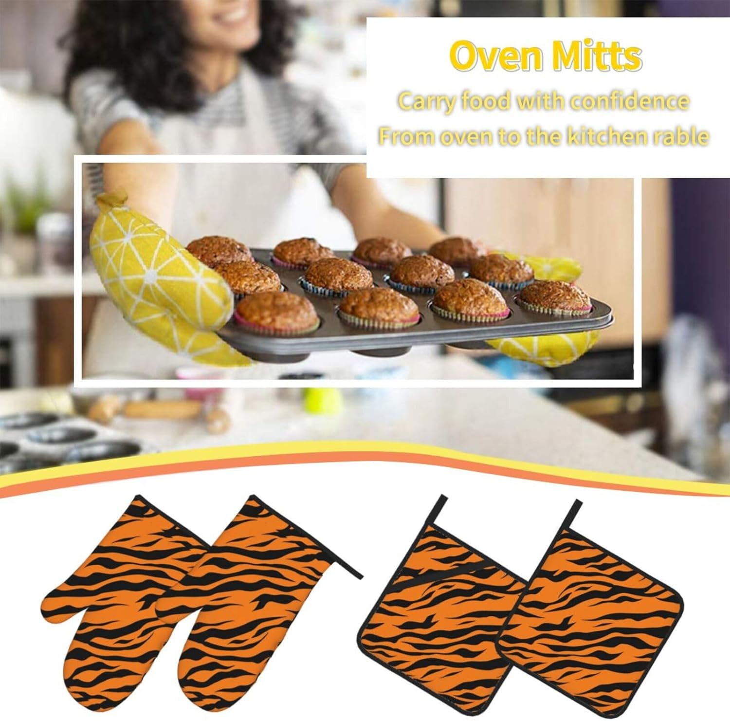 (Orange Tiger Leopard) Baking 4-Piece Set: 2 Oven Mitts and 2 Pot Holders Heat Resistant Waterproof Hanging Loop for Kitchen Oven Grill Housewarming Gifts