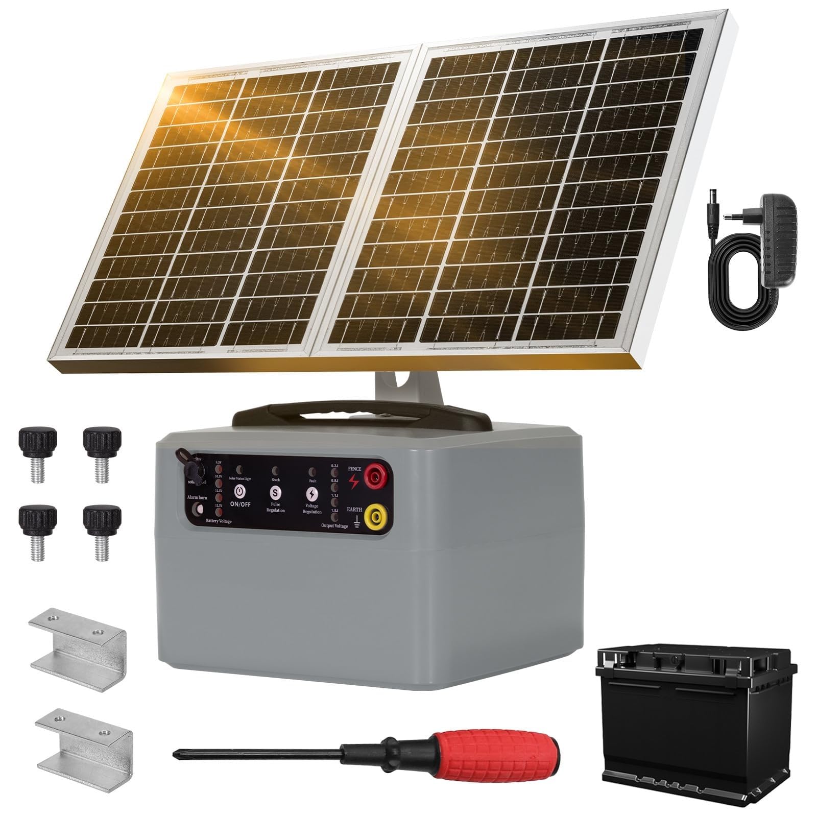 Recinzione elettrica solare 48 km con batteria, 6 kV-12 KV Pastore elettrico Controller, 0,3-1,5 J Recinzione elettrica per allevamento di animali da pastore, per fattoria, pascolo, giardino