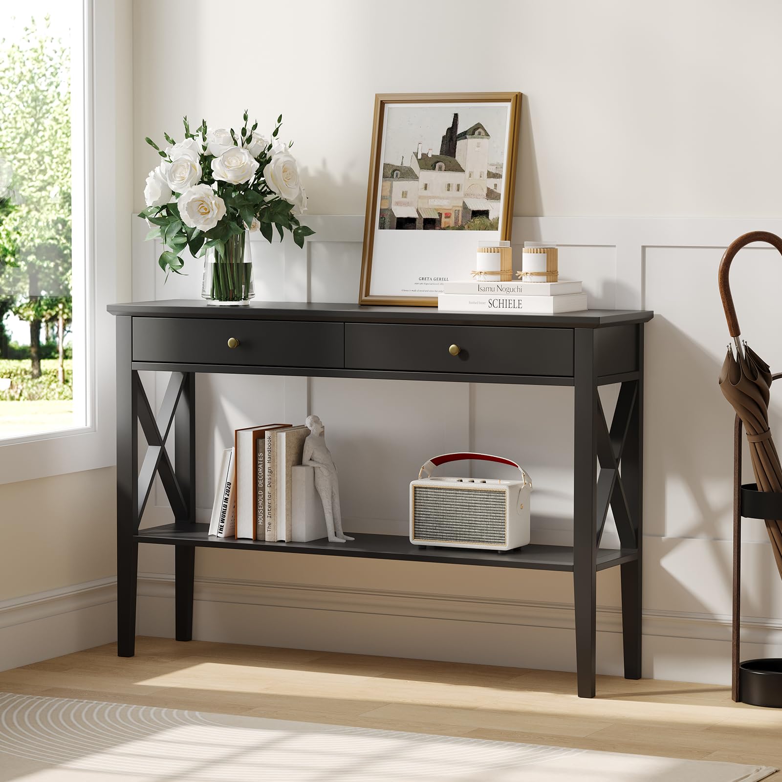 Console Meuble Design pour Espaces Étroits, Meuble 2 Tiroirs et Étagère Fixe pour Entrée, Salon et Couloir, Surface Lisse Facile à Nettoyer, Noir