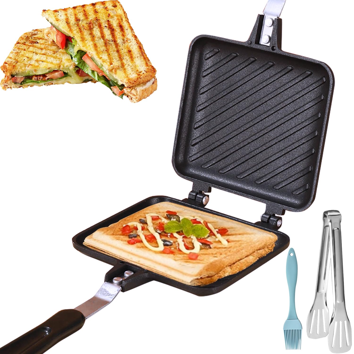 LOSYHU Grilled Sandwich Frying Pan Stovetop Toasted Panini Maker with Handle Flip Grill Pan Double Sided Nonstick Aluminum Flip Maker for Home Cooks Toasties, Kitchen, Breakfast, Camping, Black