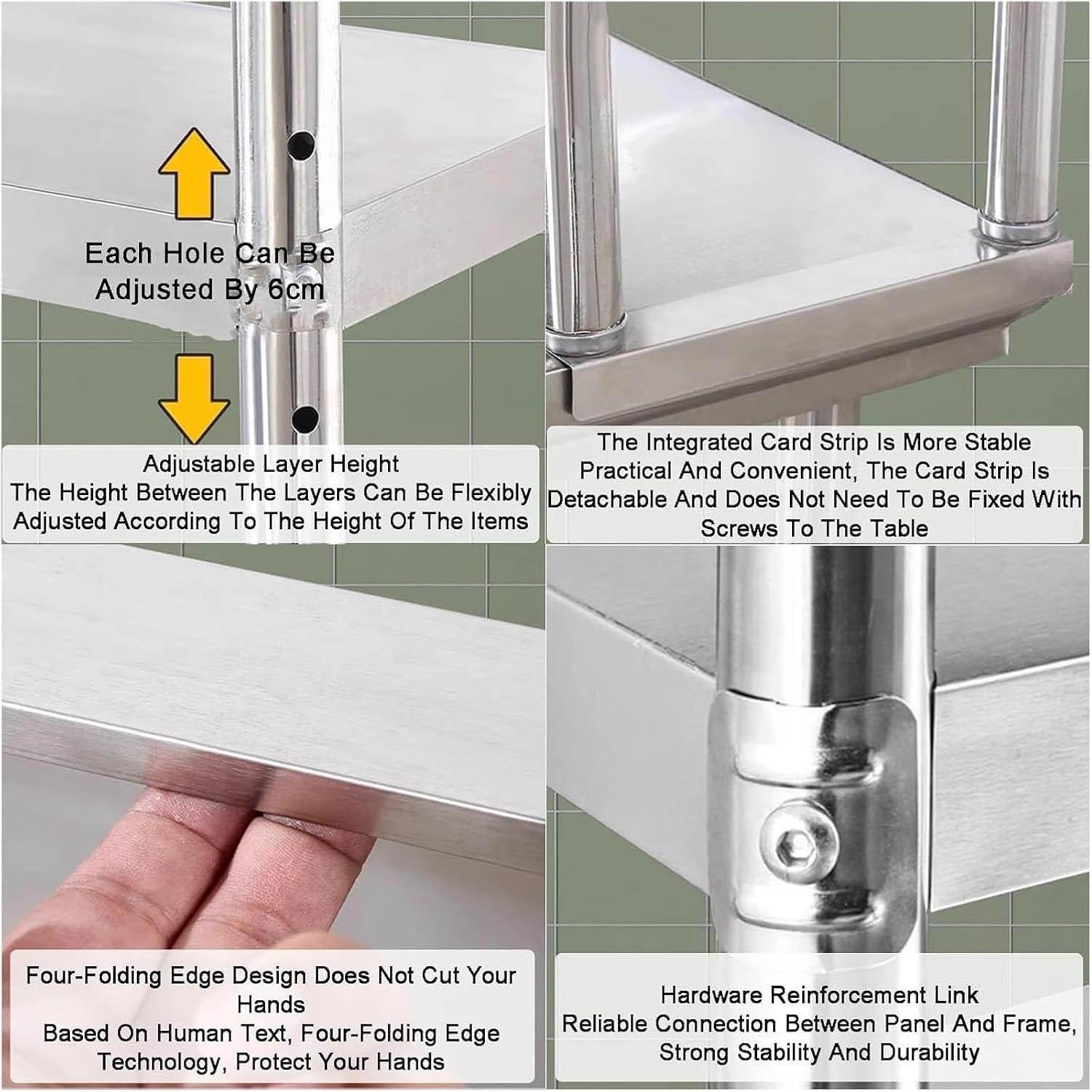 Scaffale doppio strato in acciaio inossidabile, scaffale altamente regolabile per preparare il tavolo di lavoro, 550 libbre di peso, scaffale da cucina per il ristorante,Silver-150x30x80cm