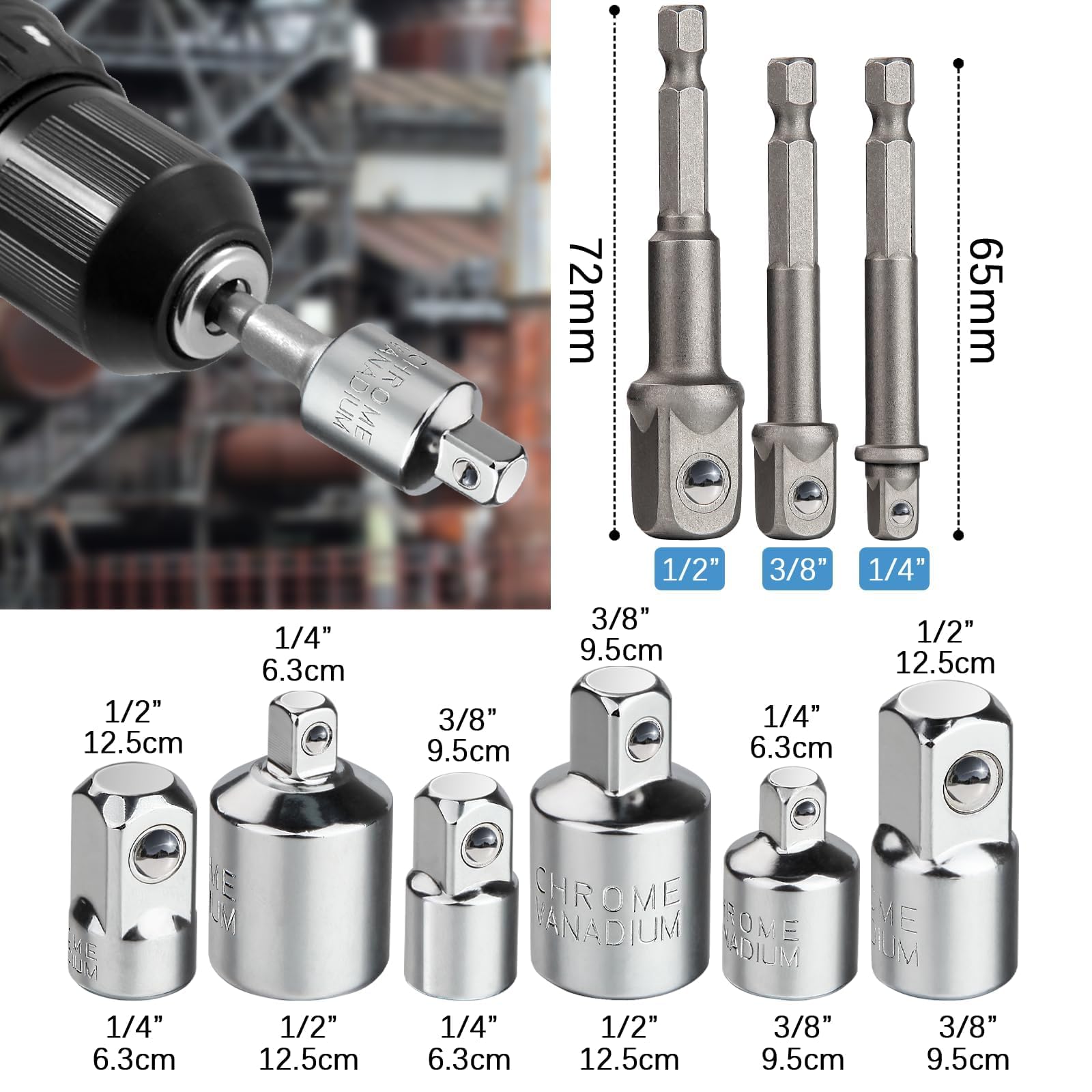 TXXATX Impact Socket Adapter Set 9 Pcs Reducer Drill Socket Adaptor Impact Driver Sockets Adapter 1/4" to 3/8", 1/4" to 1/2" - Image 2