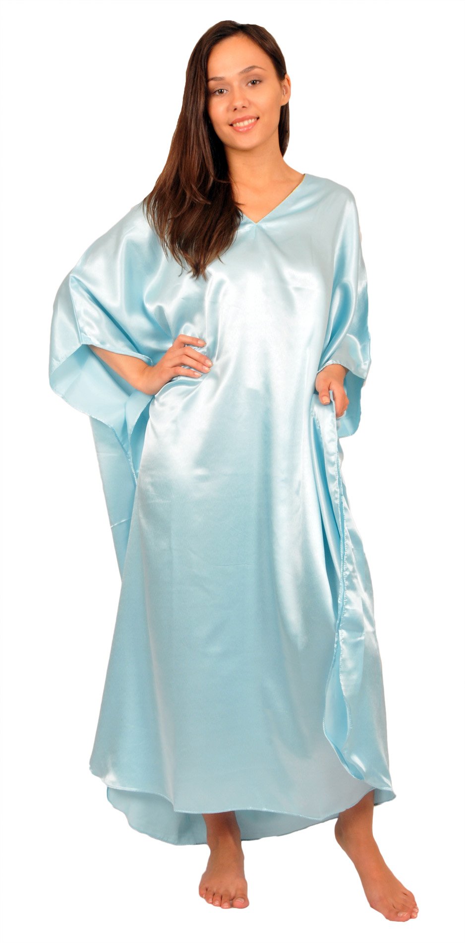 Up2date FashionSatin Caftan, Style#caf23-AQ, One Size Fits All, Solid Colors (Ivory, Aqua, Royal Blue)