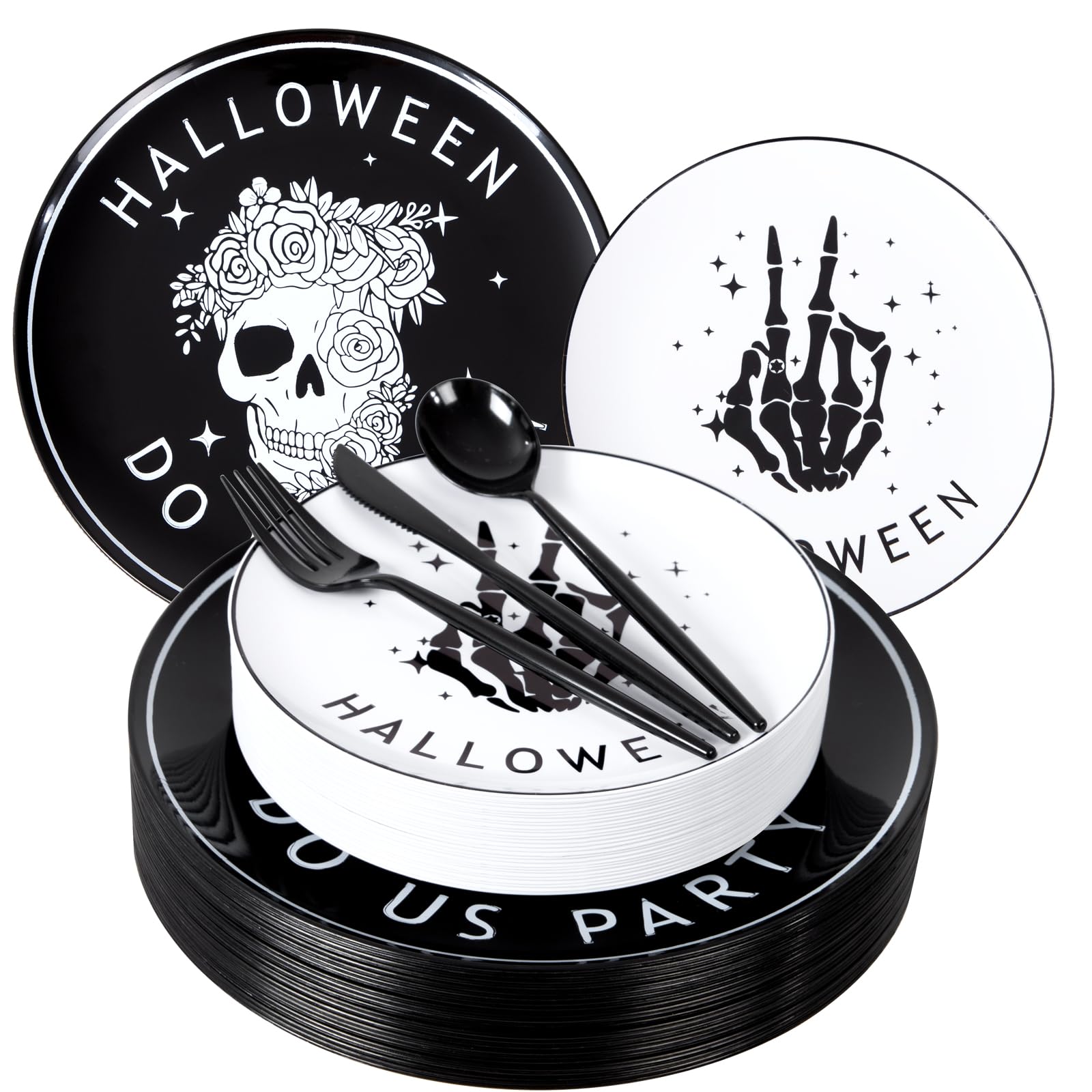 EI 150pcs Halloween Plastic Plates,Black Plastic Plates Disposable with Skeleton Pattern Include 30 Dinner Plates,30 Dessert Plates,30 Knives,30 Forks,30 Spoons,Perfect for Halloween Party,Birthday