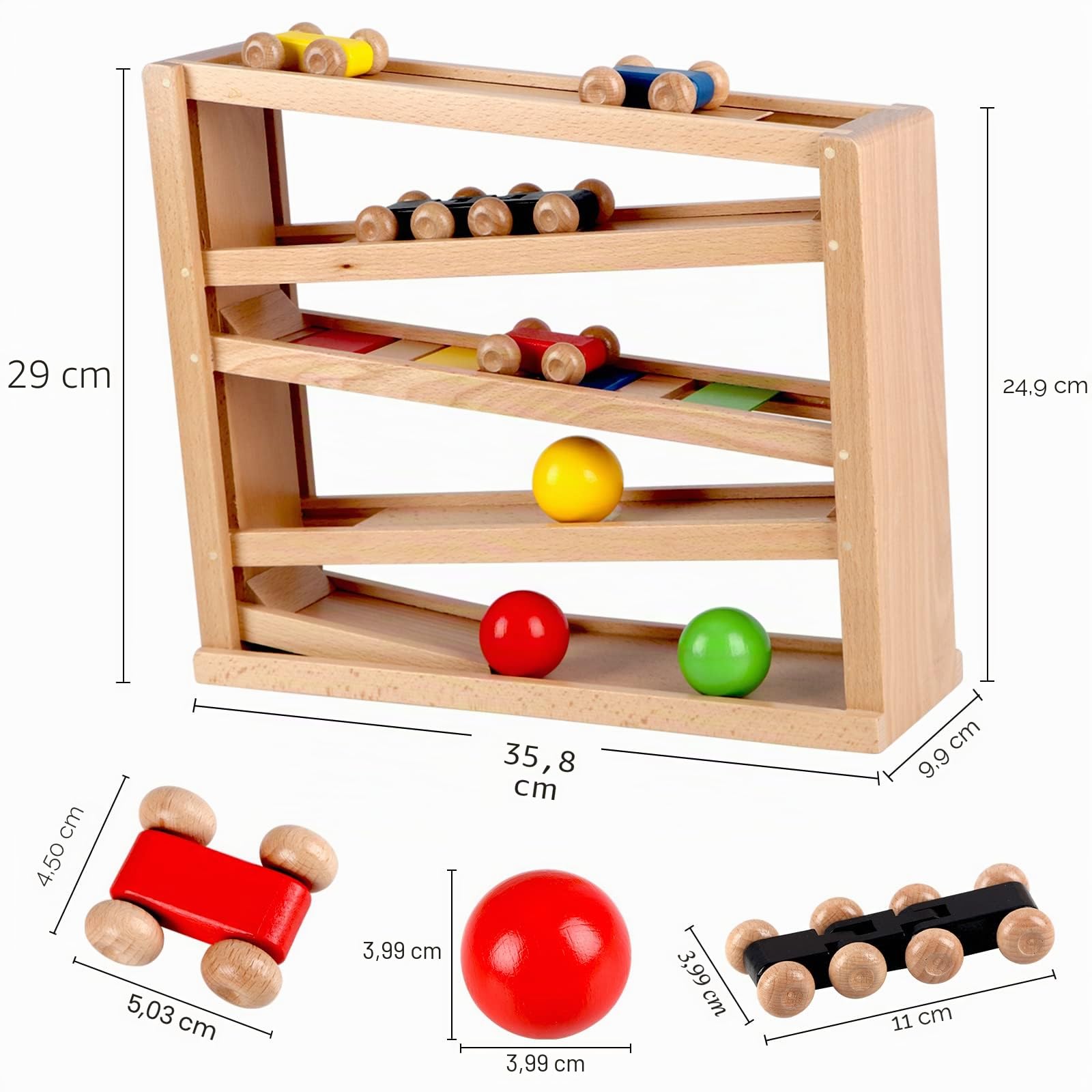 Jacootoys Holz-Rennbahn, Autorennbahn-Spielzeug, 5Ebenen mit 4Autos 3Bällen