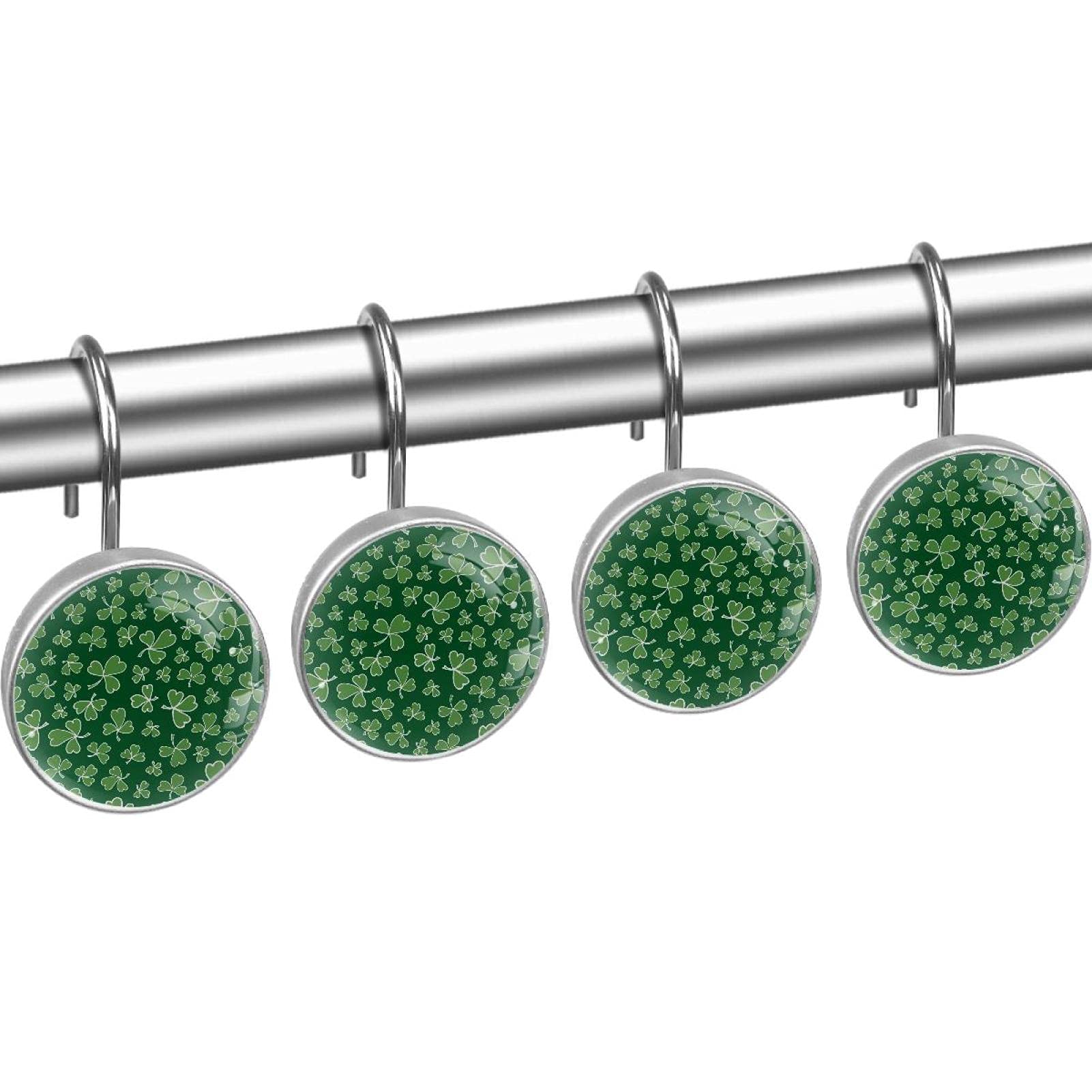 Green Texture with Shamrock, Round Crystal Glass Decorative Shower Curtain Hooks Rust Proof Oil Rubbed Metal Shower Curtain Rings-12 Pack