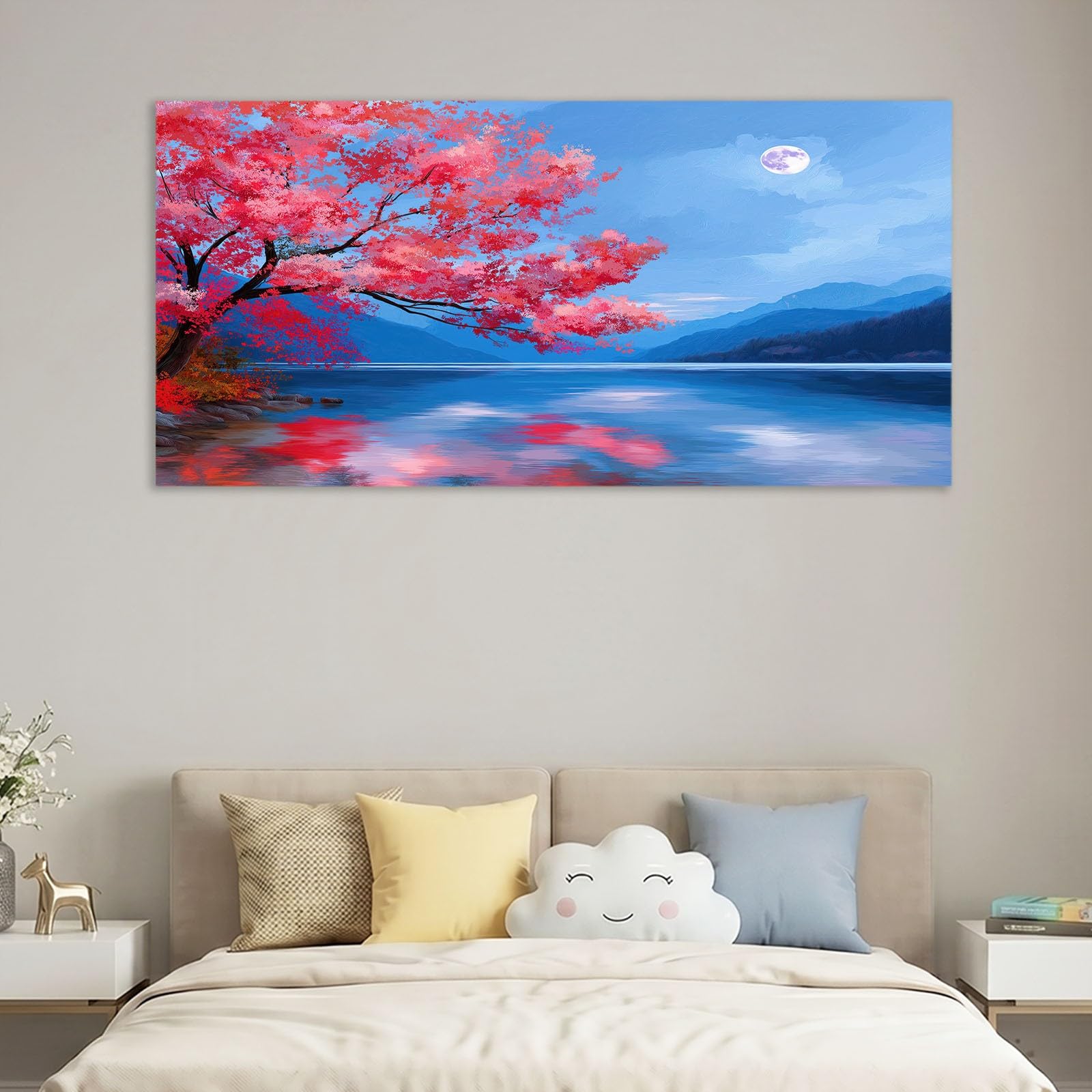 Obraz na płótnie w stylu anime 140 x 70 cm niebieskie drzewo kwiat jezioro krajobraz - obraz na płótnie na drewnianej ramie i dekoracja do salonu i sypialni