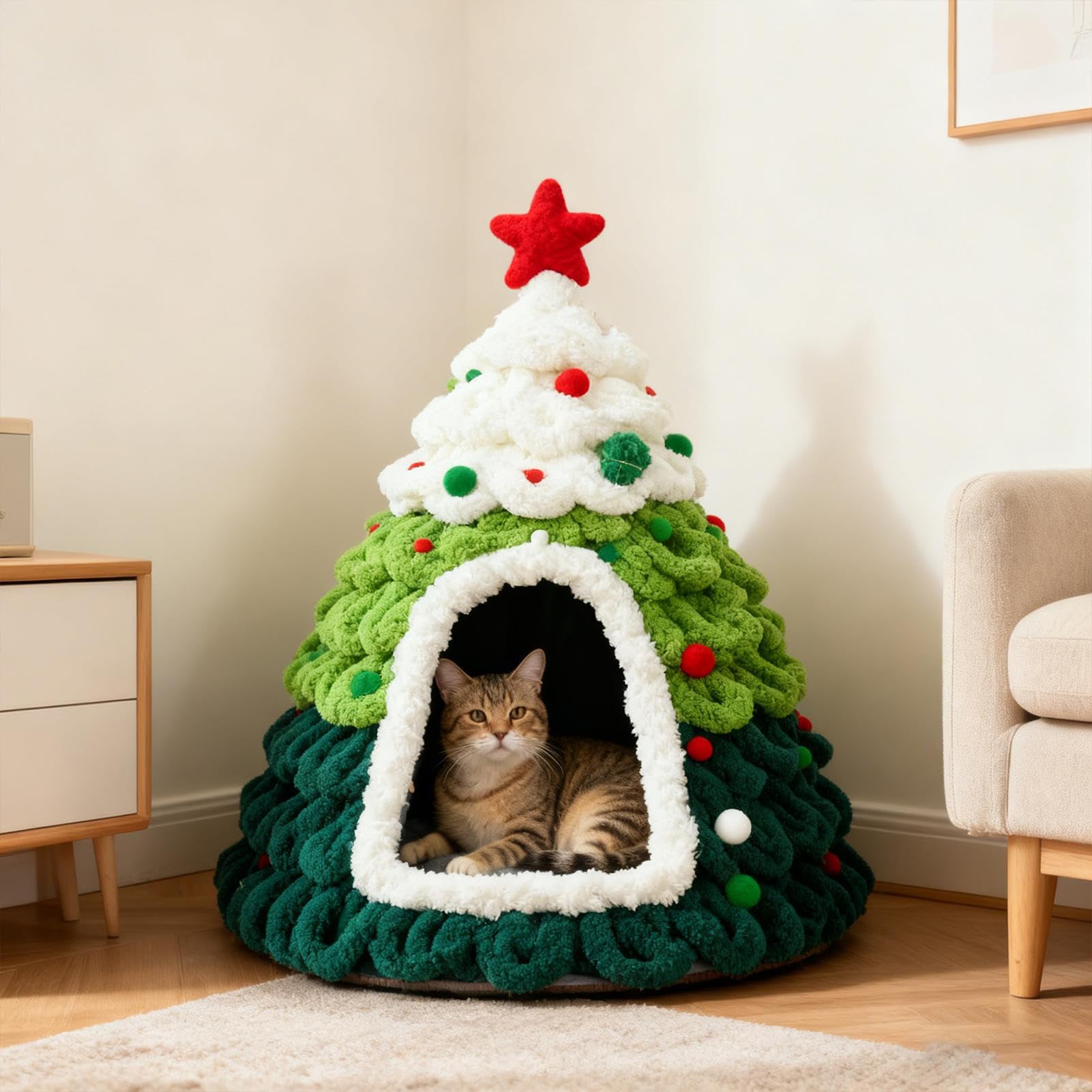 Katzenbett Höhle Gestrickt Weiches Tannenbaum Design Unterschlupf