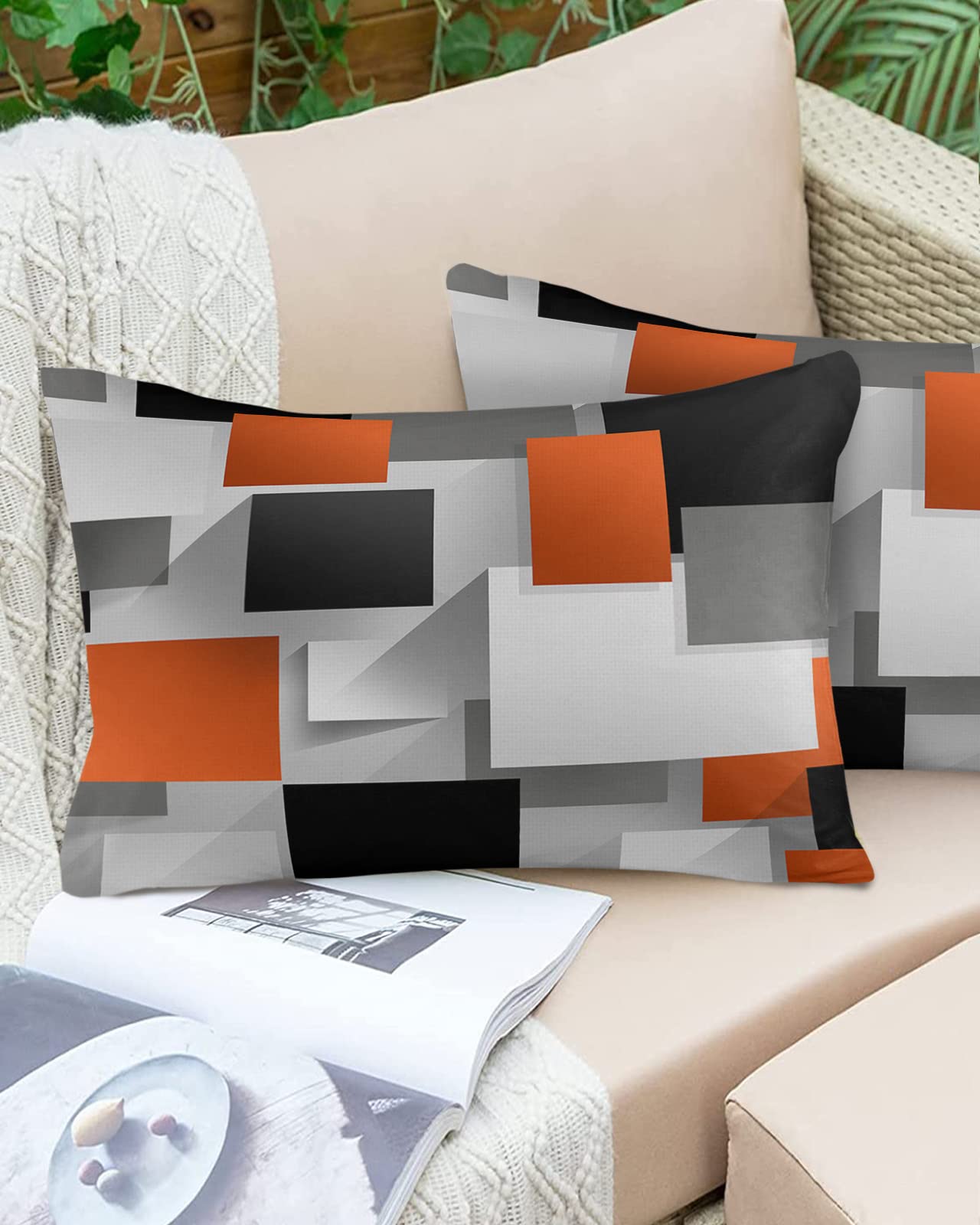 Outdoor Pillow Covers Waterproof, Orange Black Grey All Weather Cushion Case Set of 2, Modern Middle Century Geometric Abstract Art Lumbar Pillowcase for Sofa Couch Bed Decor Patio Furniture 20"x12"