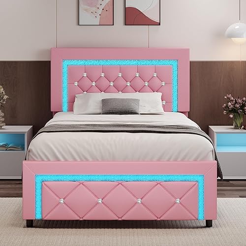 Miniatura 11 de Base de cama individual con luces LED, plataforma tapizada con cabecera capitonada de diamante, no necesita somier, sin ruido, fácil montaje, color