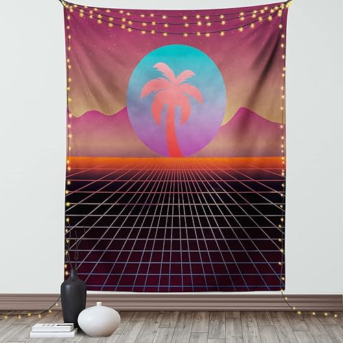 Ambesonne Synthwave - Tapiz de escena de los años 80 con silueta de palma en sol abstracto y cuadrados, colgante de pared para dormitorio, sala de