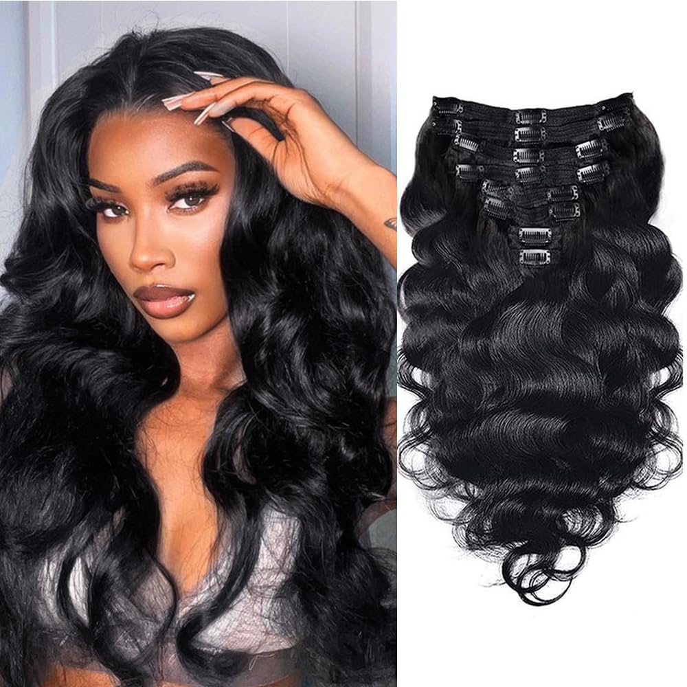 Brazilian Virgin Body Wave Clip in Human Hair Extensions 8Pcs/lot 120g With 18 Clips Body Wave Clip in Hair Extension Real Human Hair Natural Black Color For Black Women (16Inch)