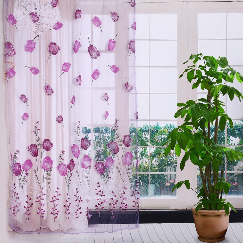 Weiyiroty Sweet TulipsTulle Voile Door Window Curtain Drape Panel Sheer Scarf Valances(purple),100_x_200_cm - Image 4